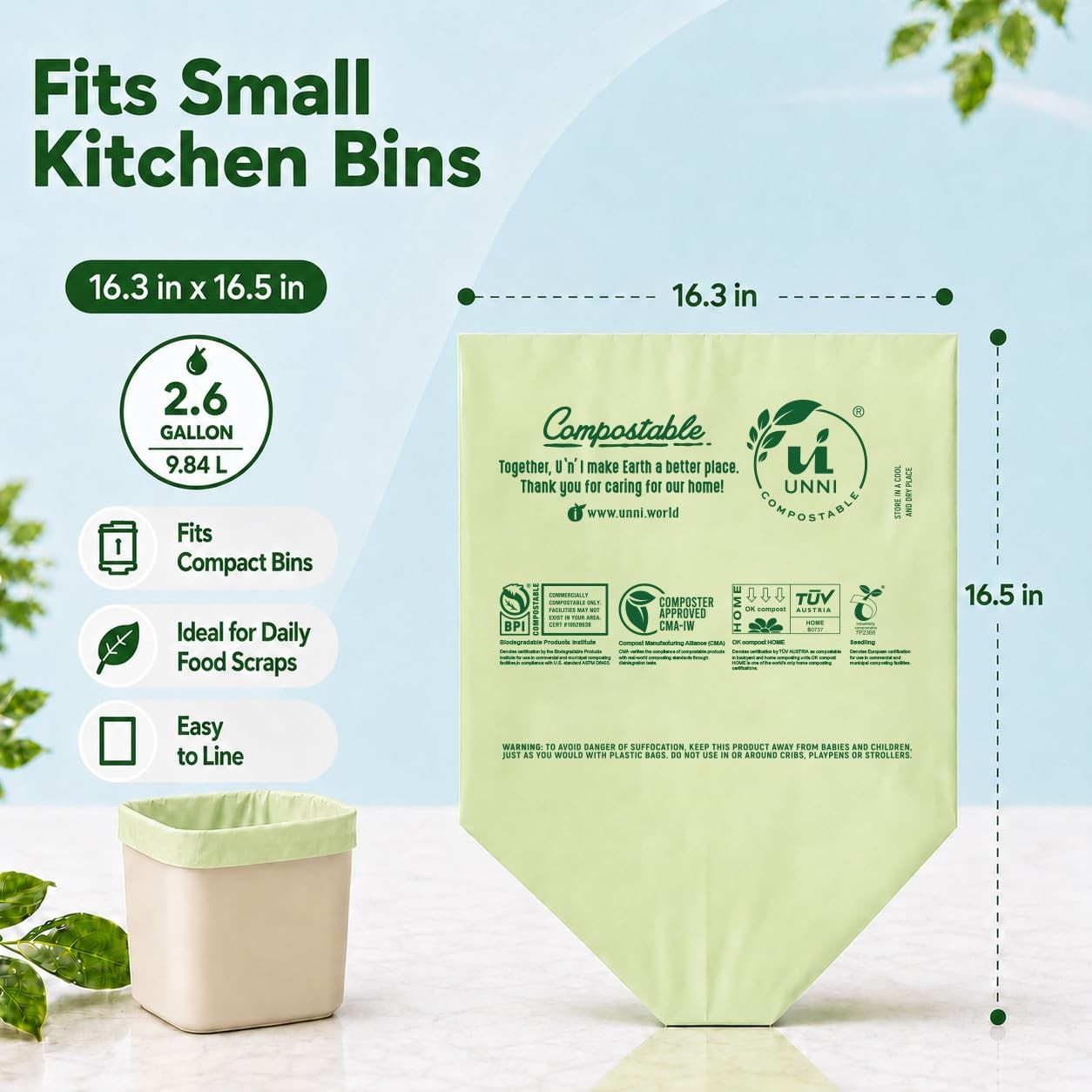 Compostable Trash Bags, 2.6 Gallon / 9.84 Liter, 100 Count, Extra Thick 0.71 …