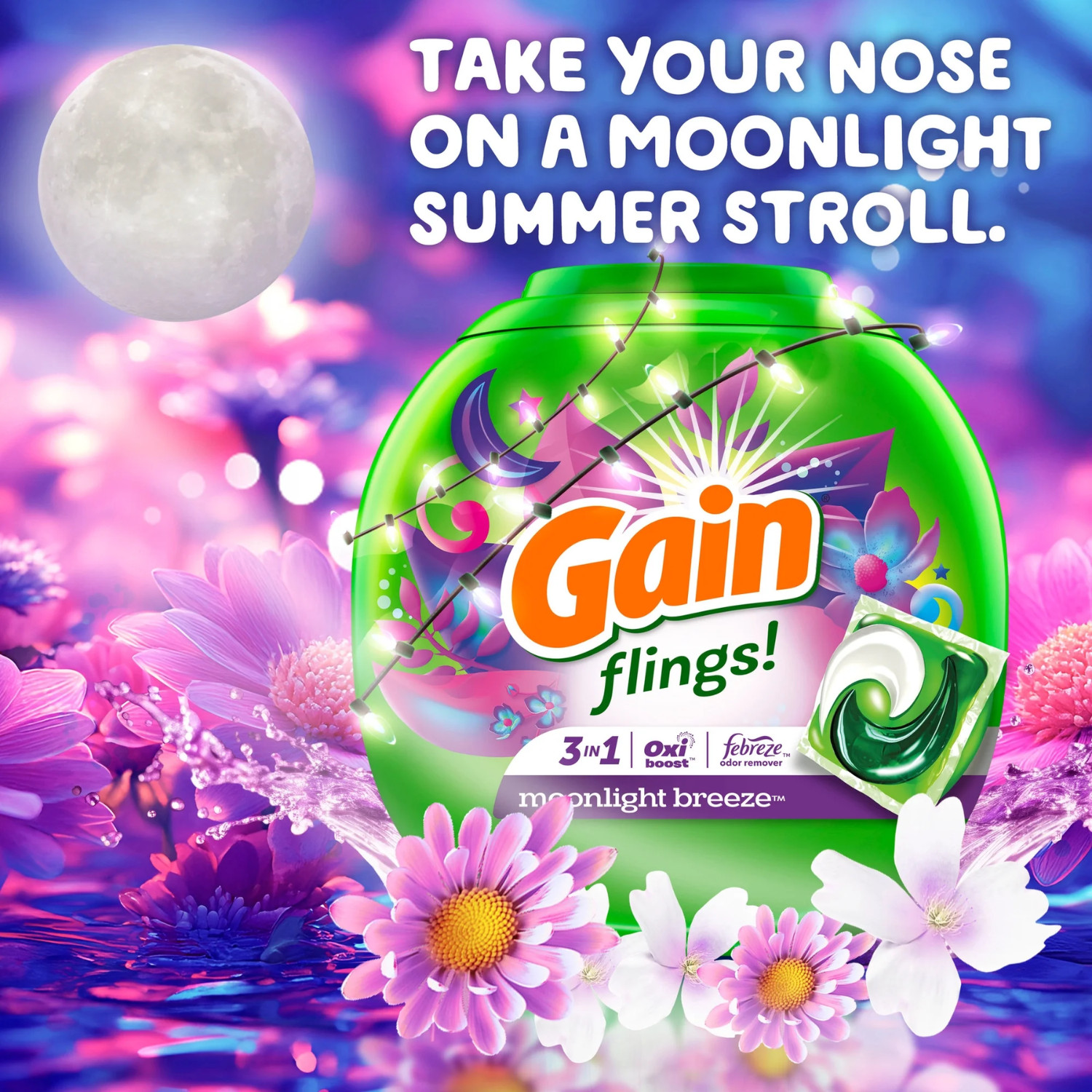 Gain Flings Laundry Detergent Pods 102 Count Oxi Boost Febreze Moonlight