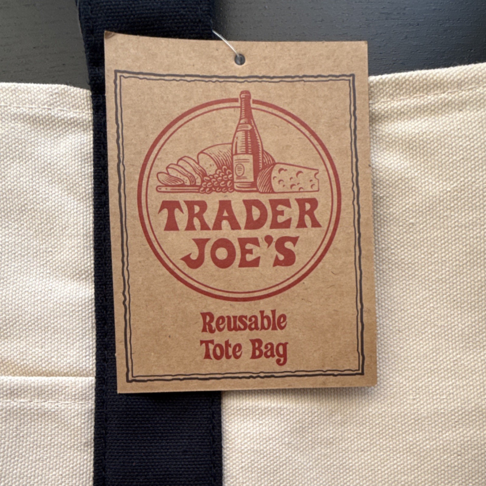Trader Joe’s Reusable Tote Bag Foldable Cotton Polyester Beige Navy Blue