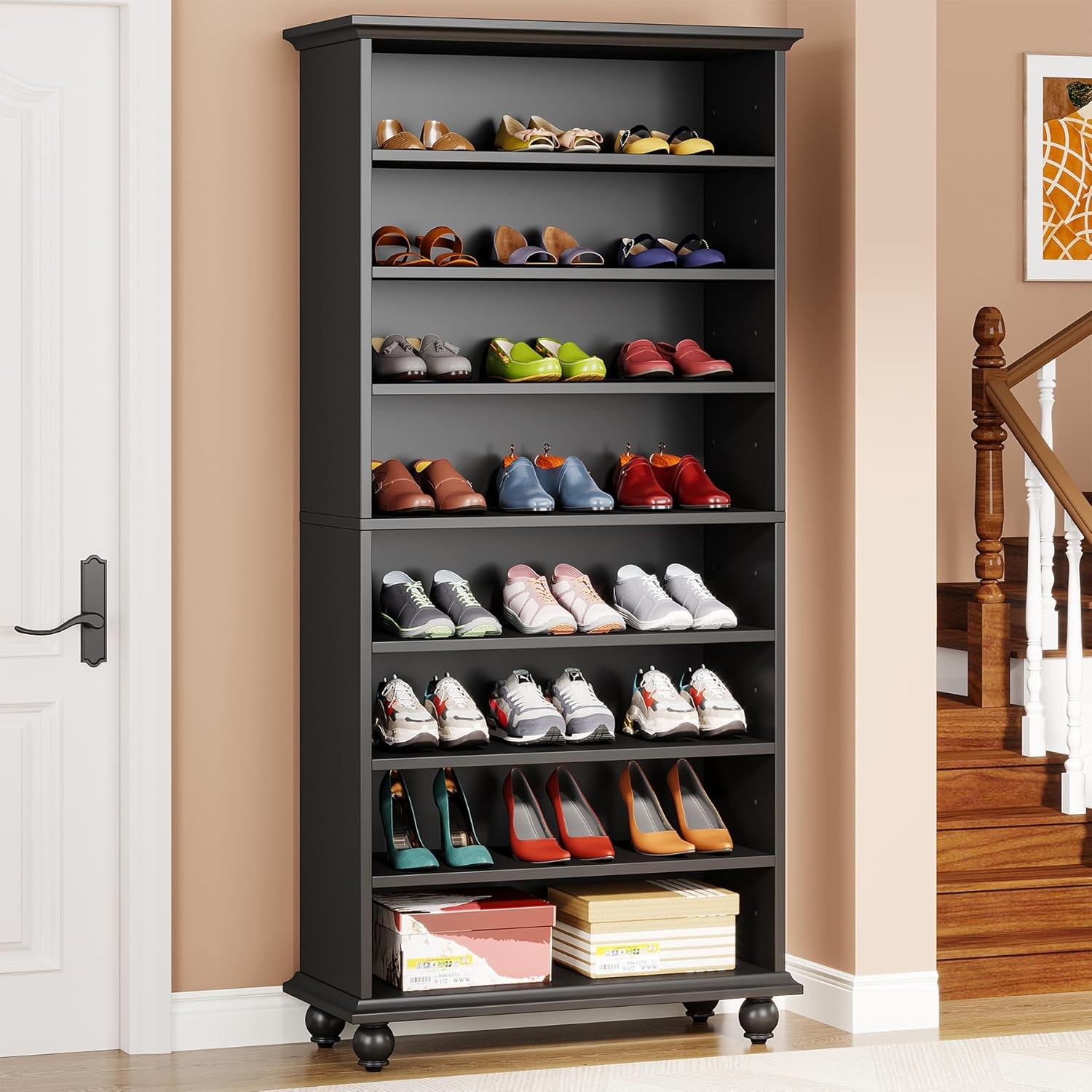 Narrow Tall Shoe Cabinet with LED Lighting, 9-Tier Freestanding Shoes Storage