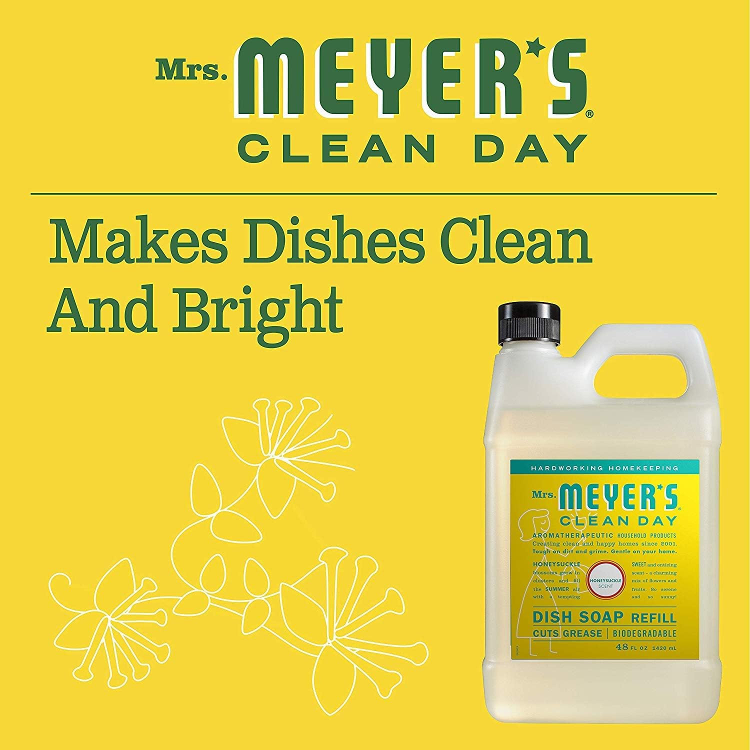MRS. MEYER’S CLEAN DAY Liquid Dish Soap Refill, Honeysuckle, 48 Fl. Oz