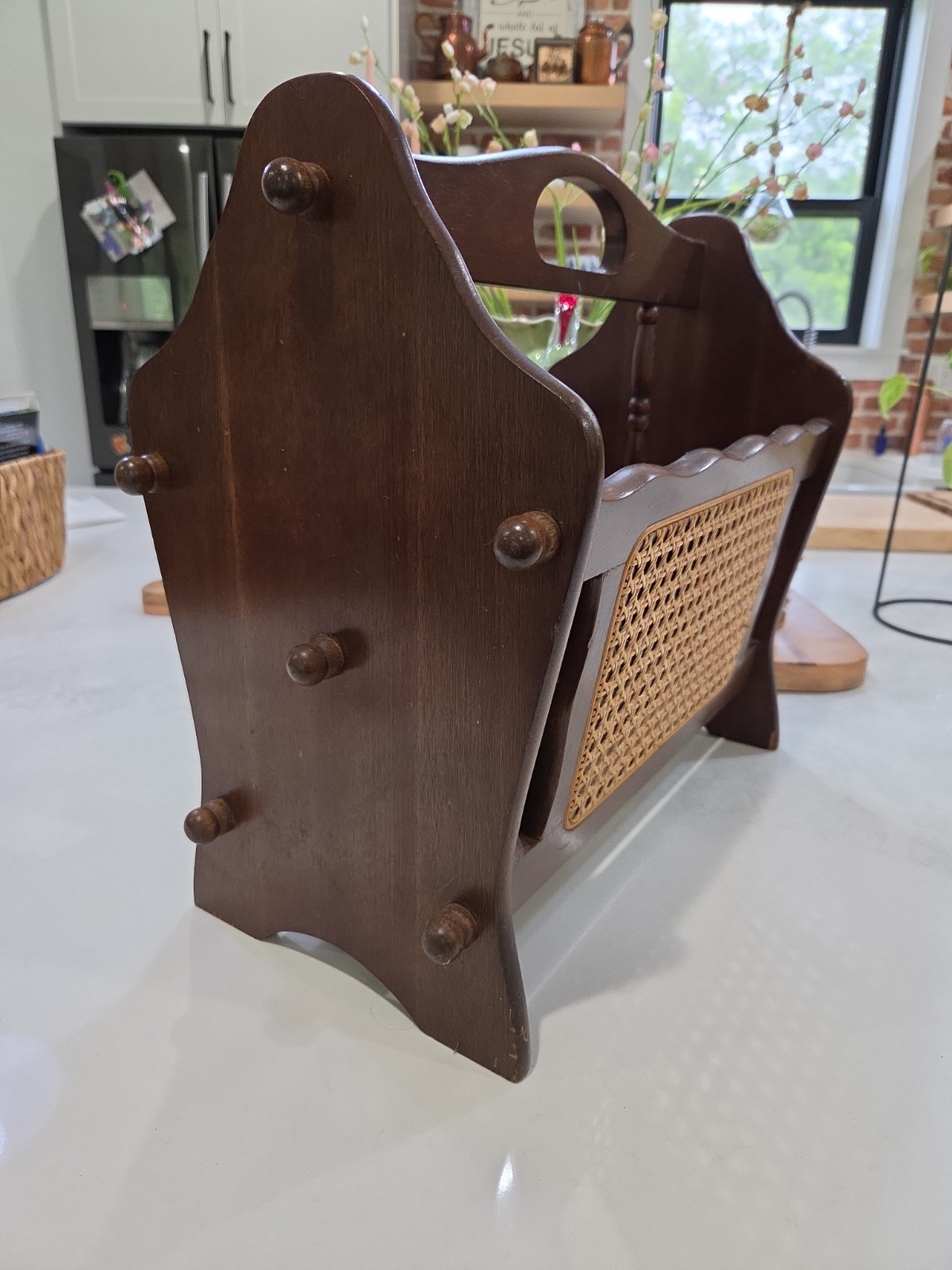 Vintage MCM Wood Wicker Rattan Cane Magazine Book Record Rack Holder Jay Imports