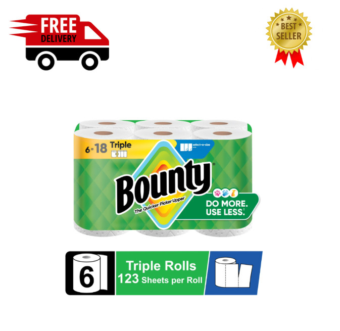 Bounty Paper Towels Select-A-Size White, 6 Triple Rolls, 123 Sheets Per Roll