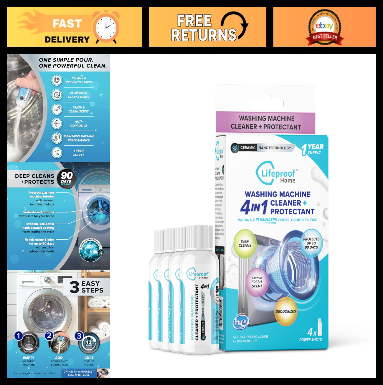 4-IN-1 Washing Machine Cleaner – 90 Days Odor & Grime Protection, 4-Pack