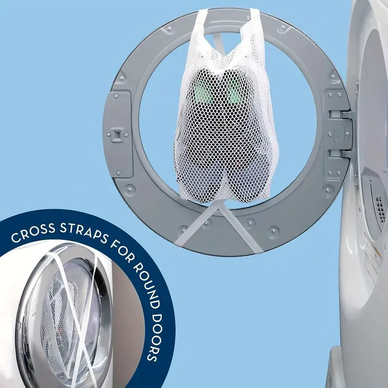 Large Laundry Mesh Sneaker Shoe Wash & Dry Zip Bag, Washer-Dryer Door Straps