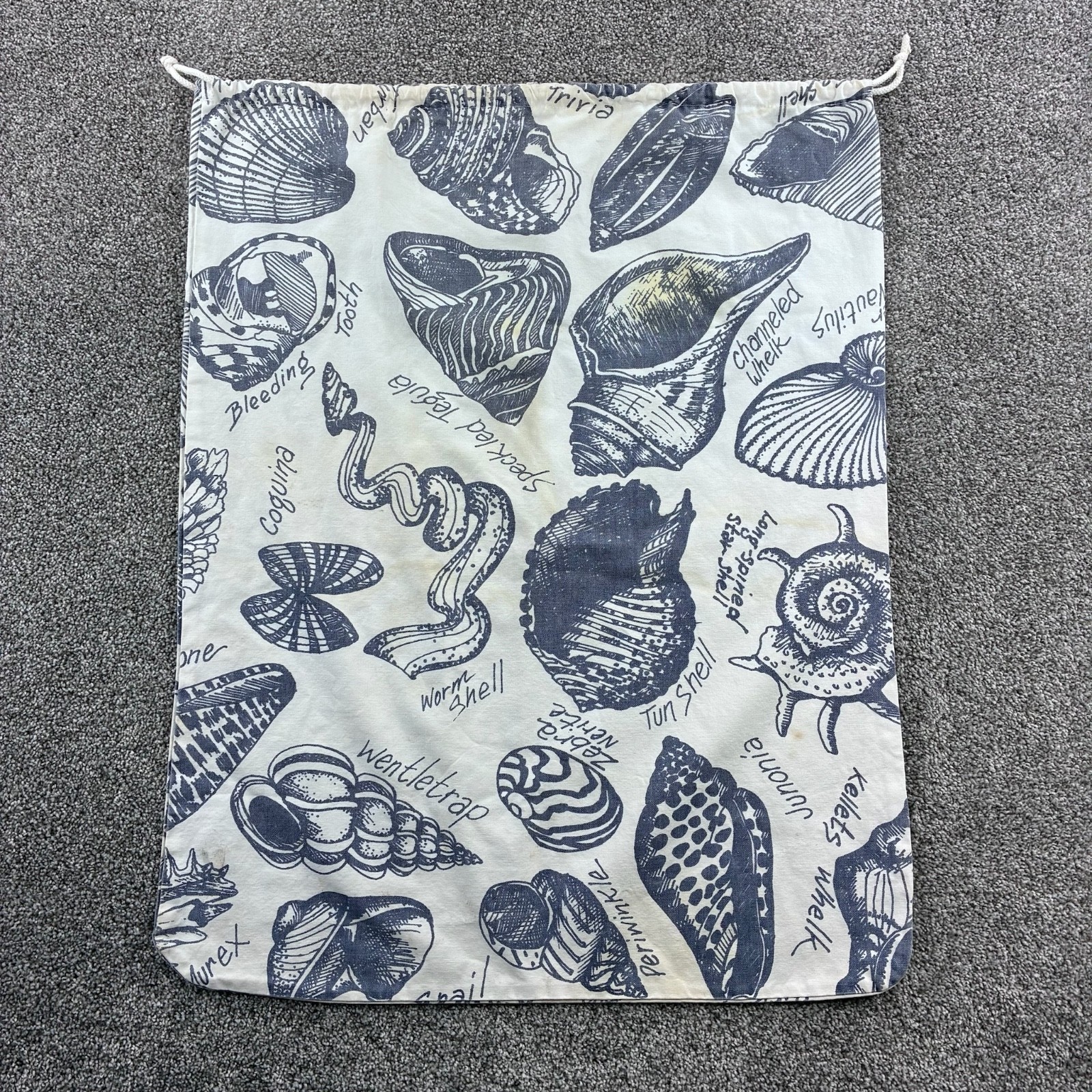 Vintage Michigan Rag Sea Shells Canvas Drawstring Laundry Beach Bag White Blue