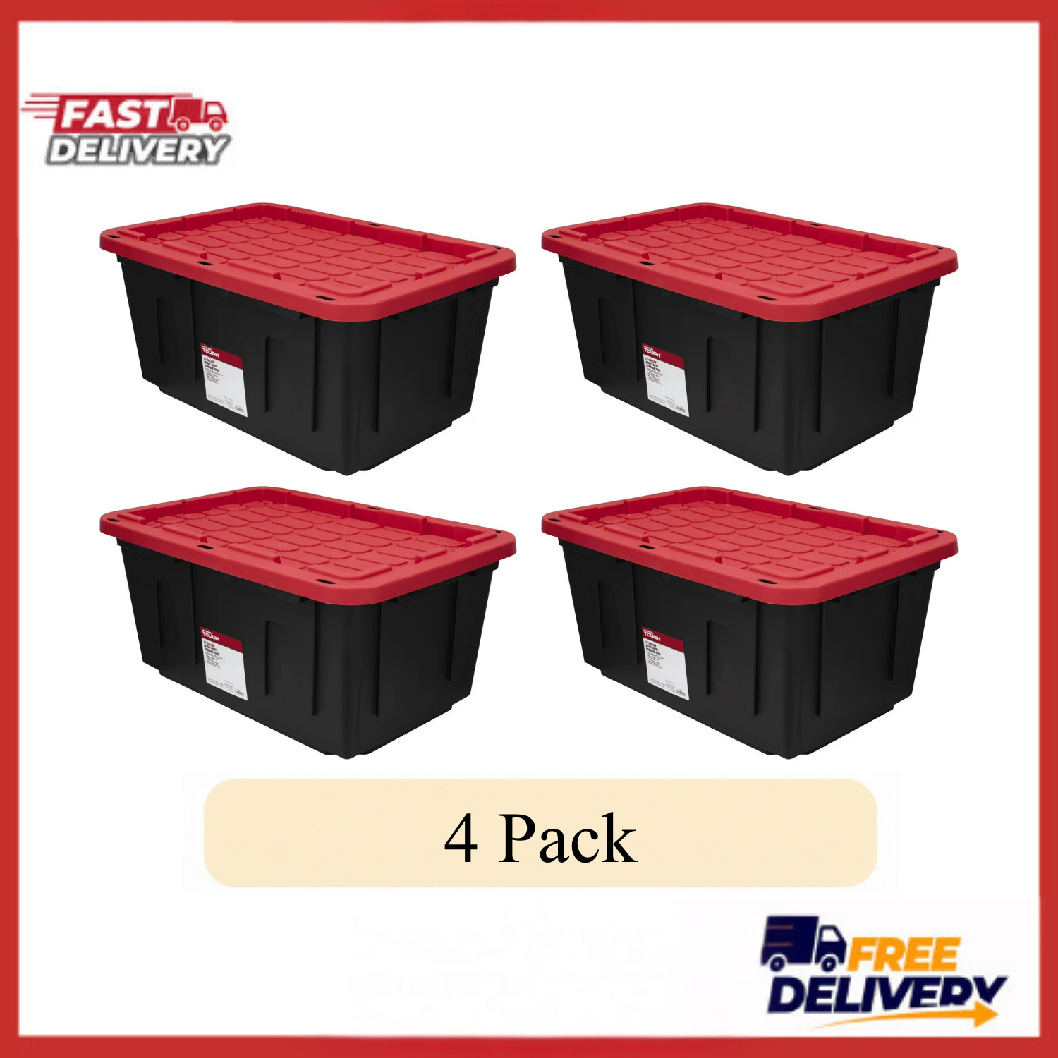 4 Pack Hyper Tough 27 Gal Storage Tote Snap Lid Container Red Lid