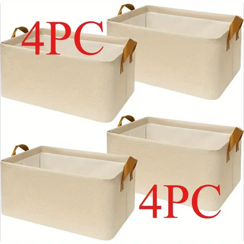 4pcs Medium Fabric Storage Baskets with Handles – 15″L x 10.2″W x 7.5″H, Beige