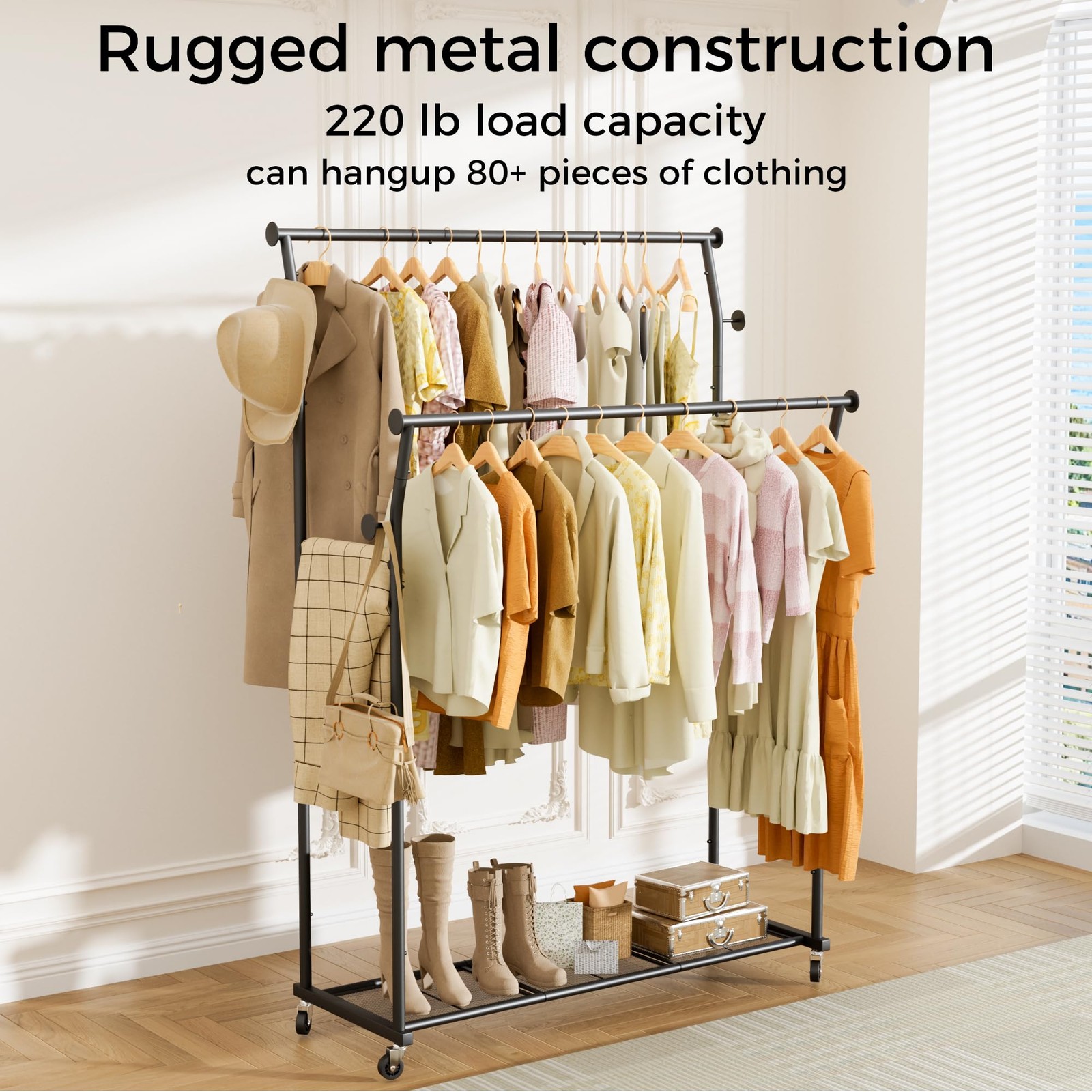 Double Rods Clothes Rack, Rolling Clothing Rack for Hanging Clothes with Hook…