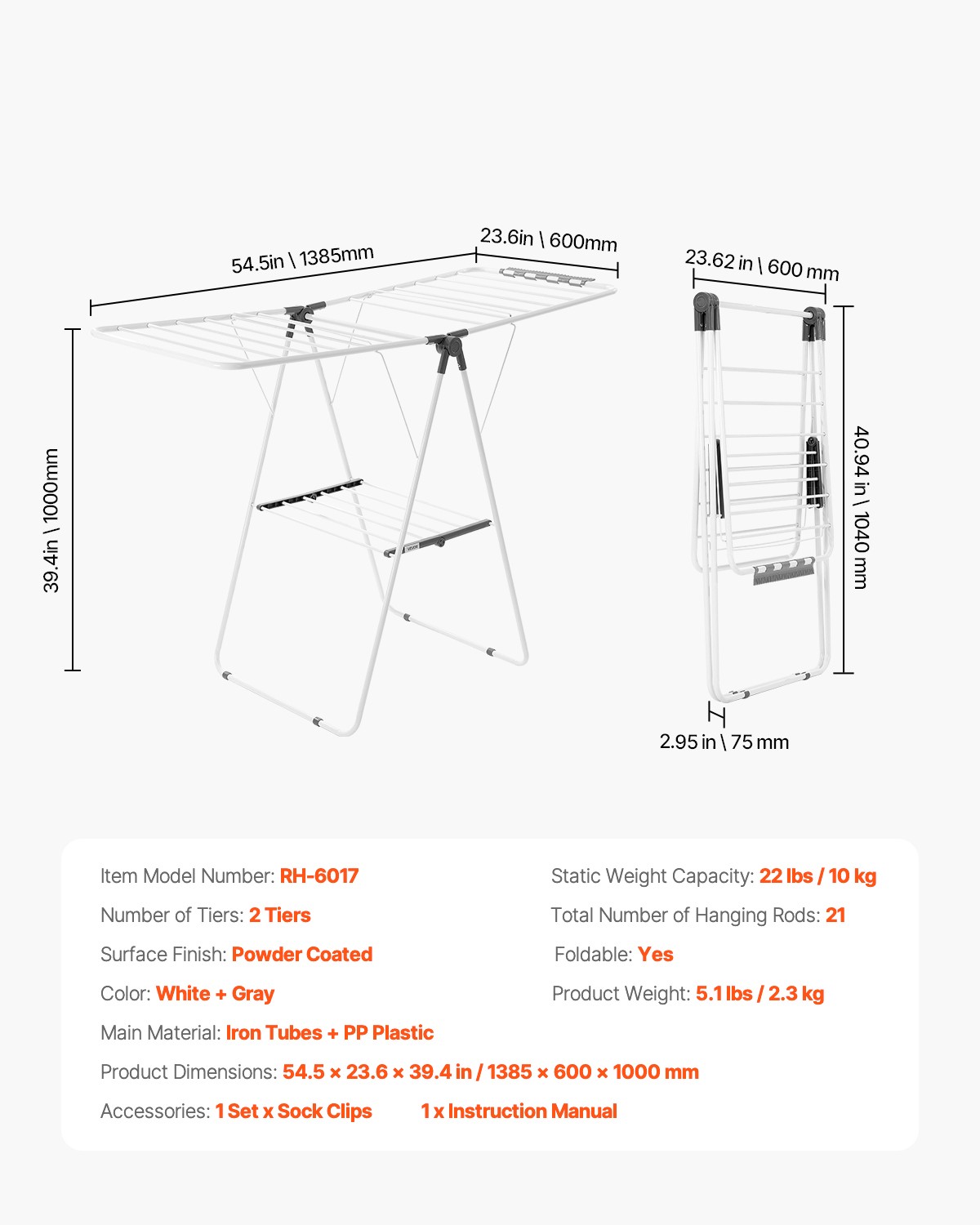 VEVOR 2-Tier Foldable Clothes Drying Rack with Sock Clips & 21 Drying Rods White