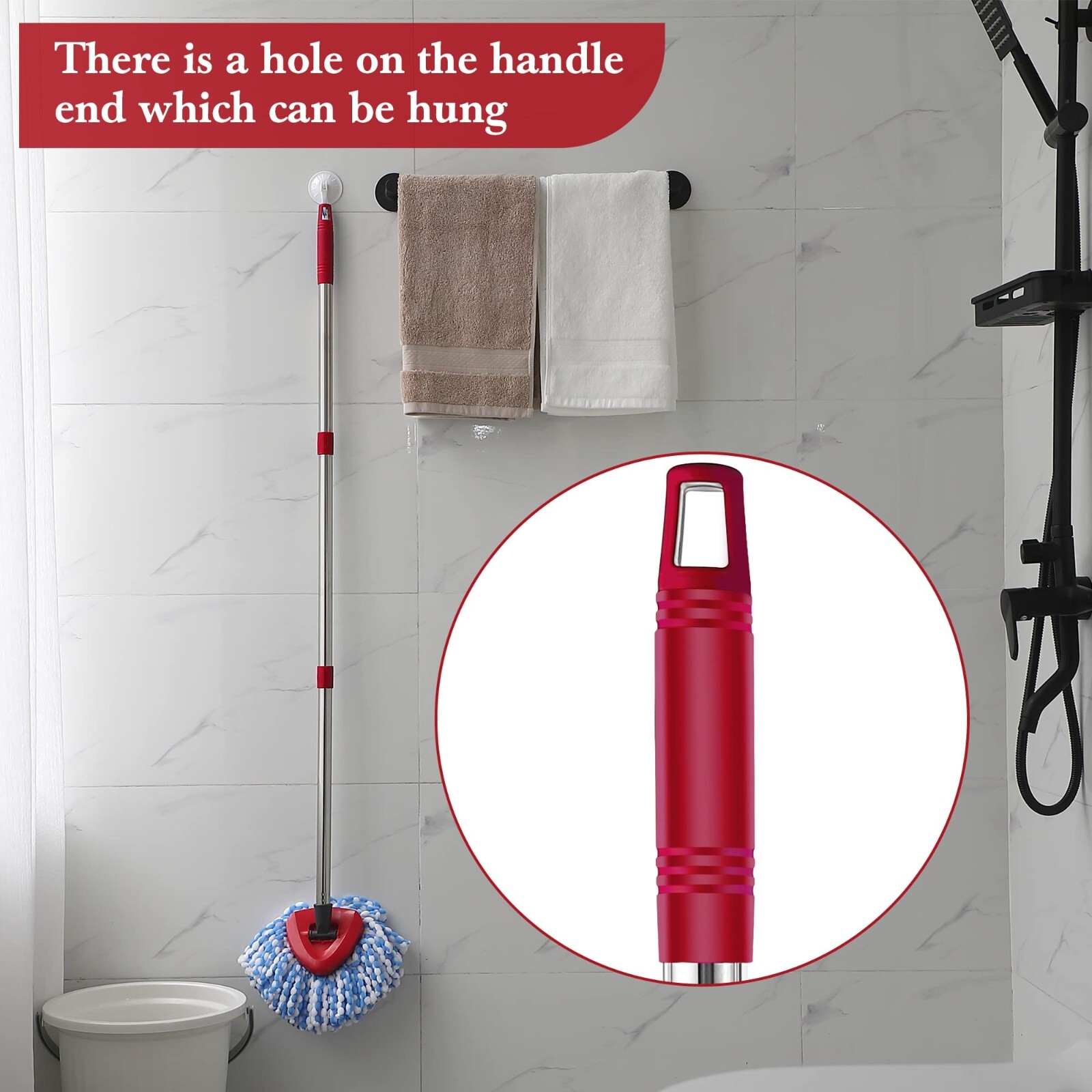 4 SectionSpin Mop Replacement Handle 32 Inch to 56 Inch Stainless Steel Red