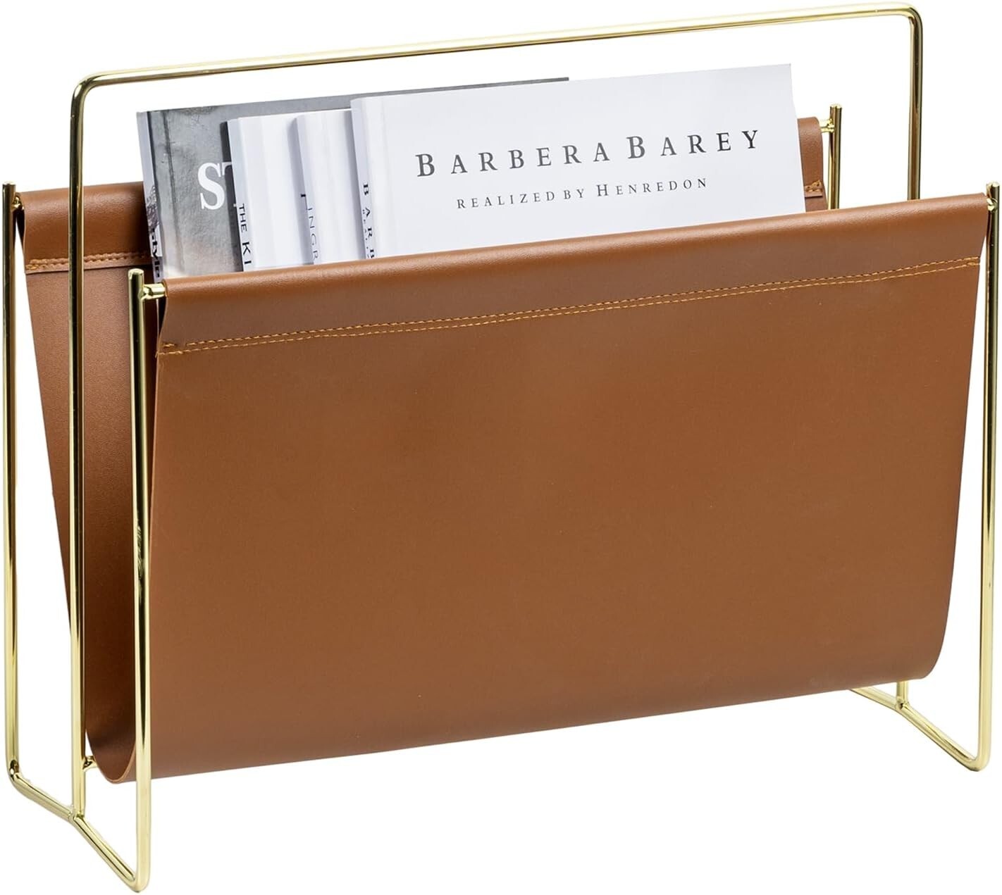 15 inch Caramel Leatherette Magazine Holder, Floor Standing Sling Style Rack