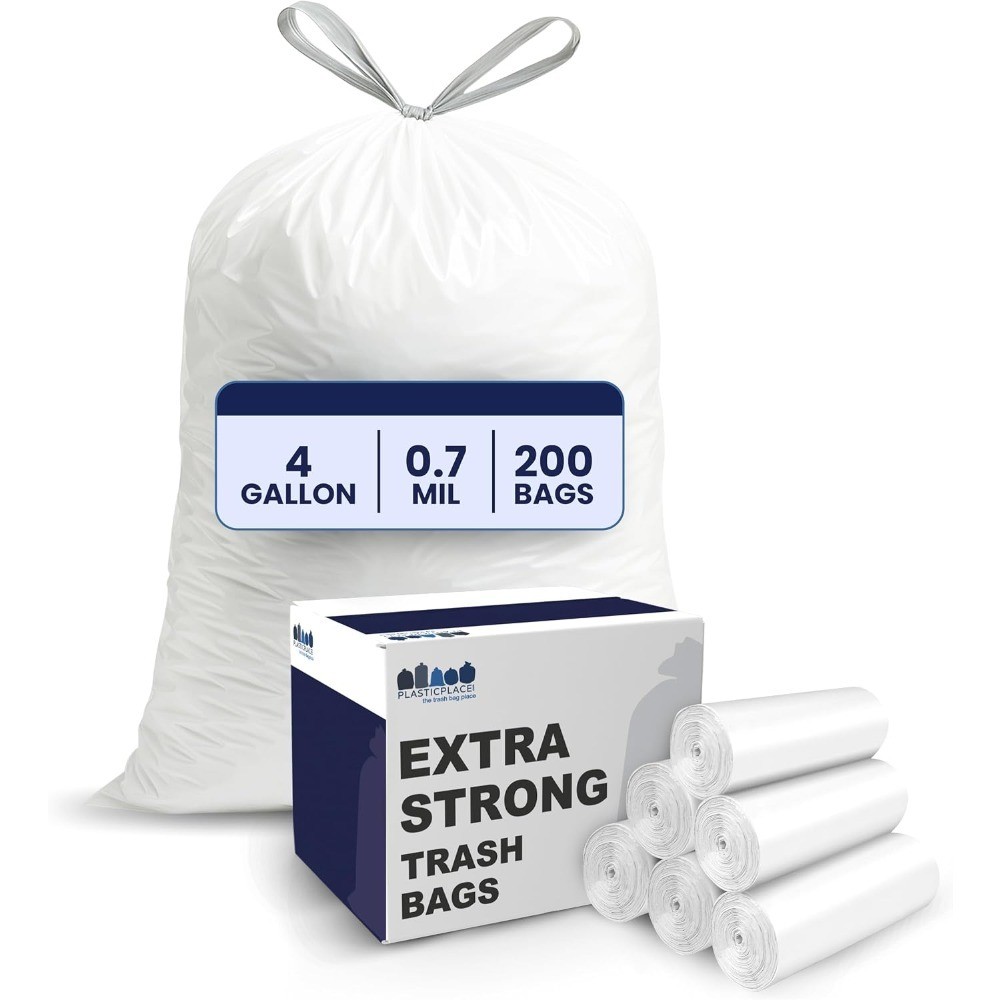 4 Gallon White Drawstring Trash Bags, 200 Count (Pack of 1) – 0.7 Mil