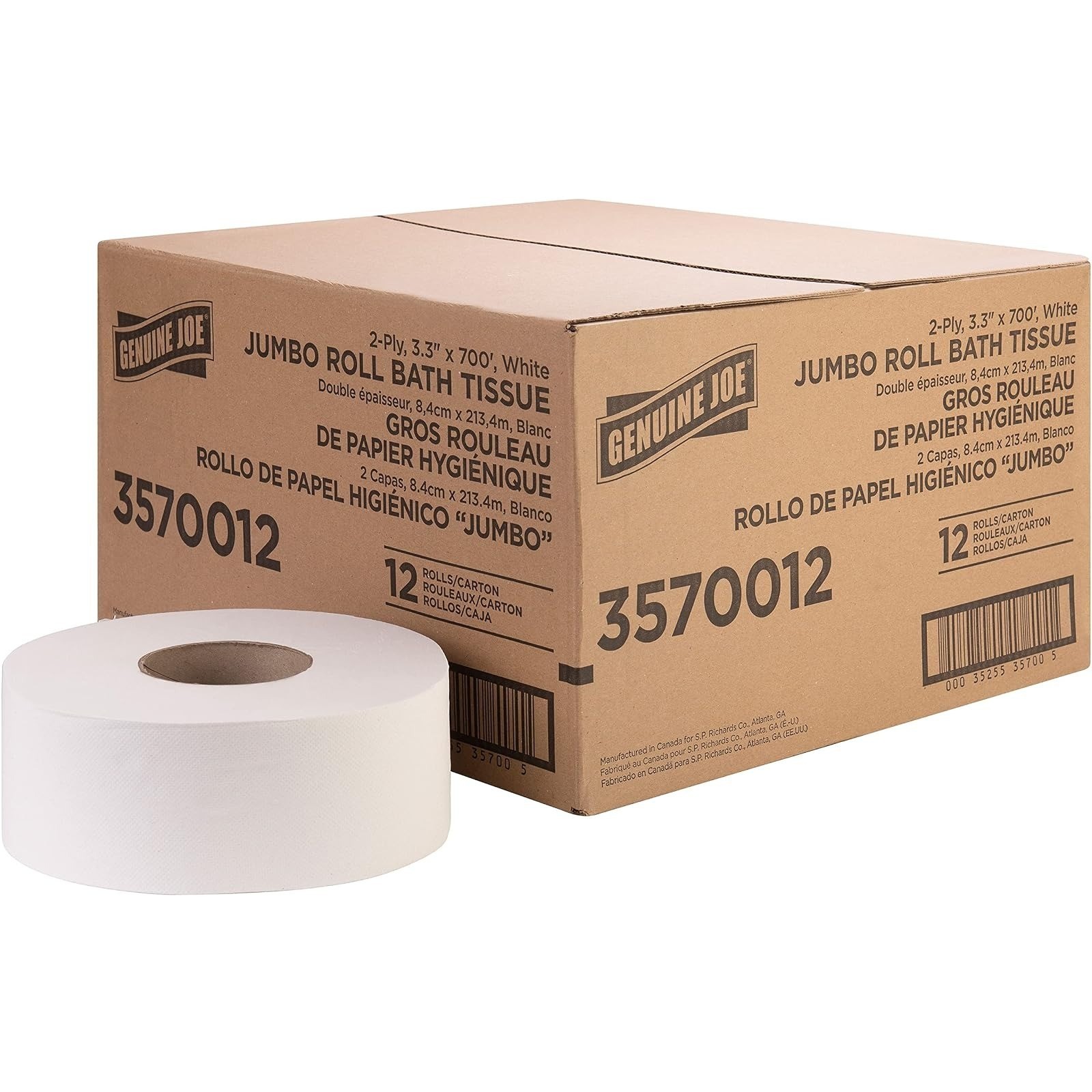 Genuine Joe Jumbo Roll Bath Tissue – 2-Ply White Toilet Paper, 12 Count