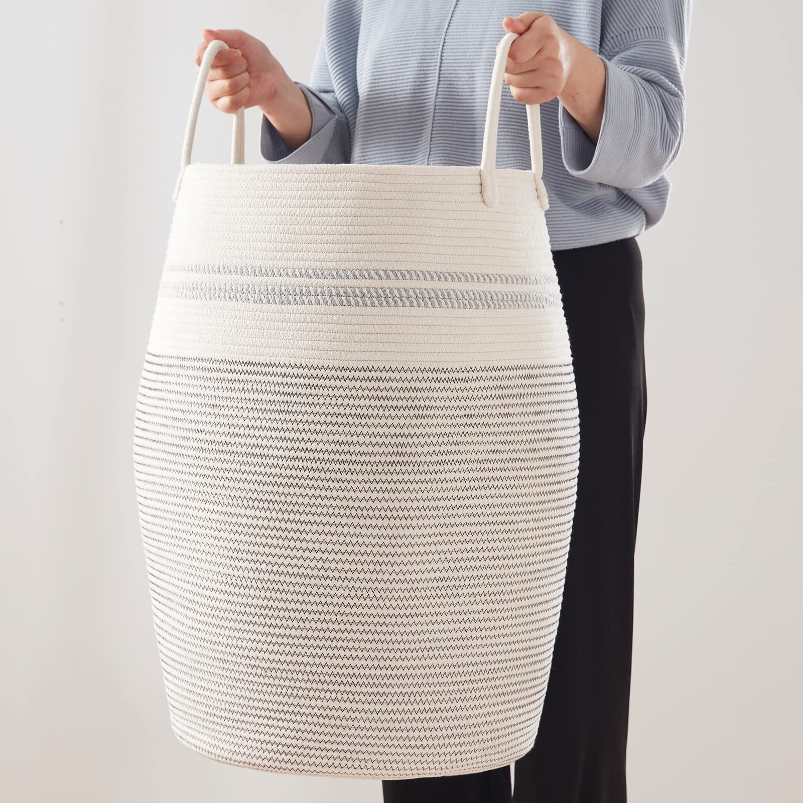 Laundry Hamper Woven Cotton Rope Large Clothes Hamper 25.6″ Height Tall Laund…