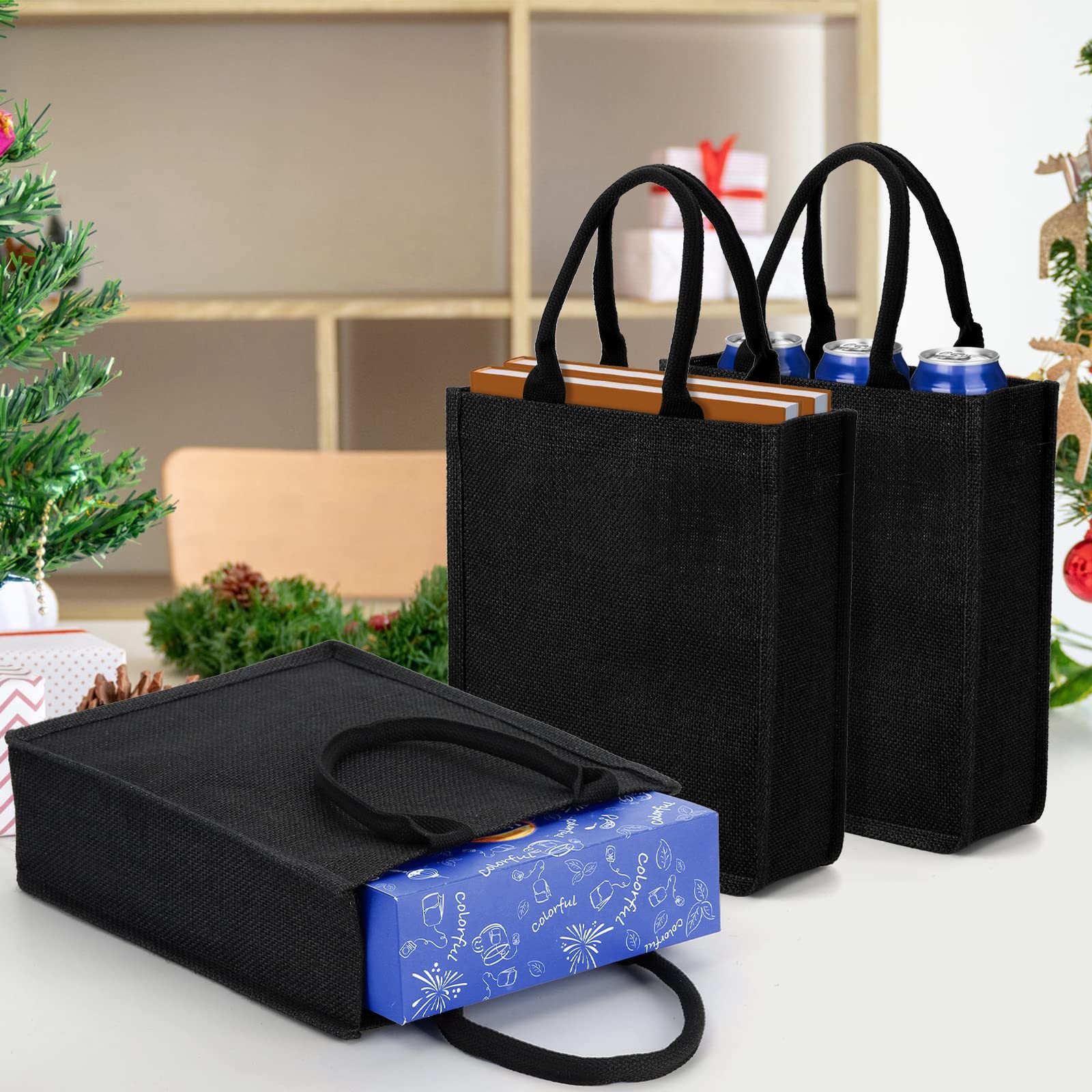 Burlap Tote Bag 8 Pack Black Reusable Jute Gift Bags 9.8×11.8×3.9