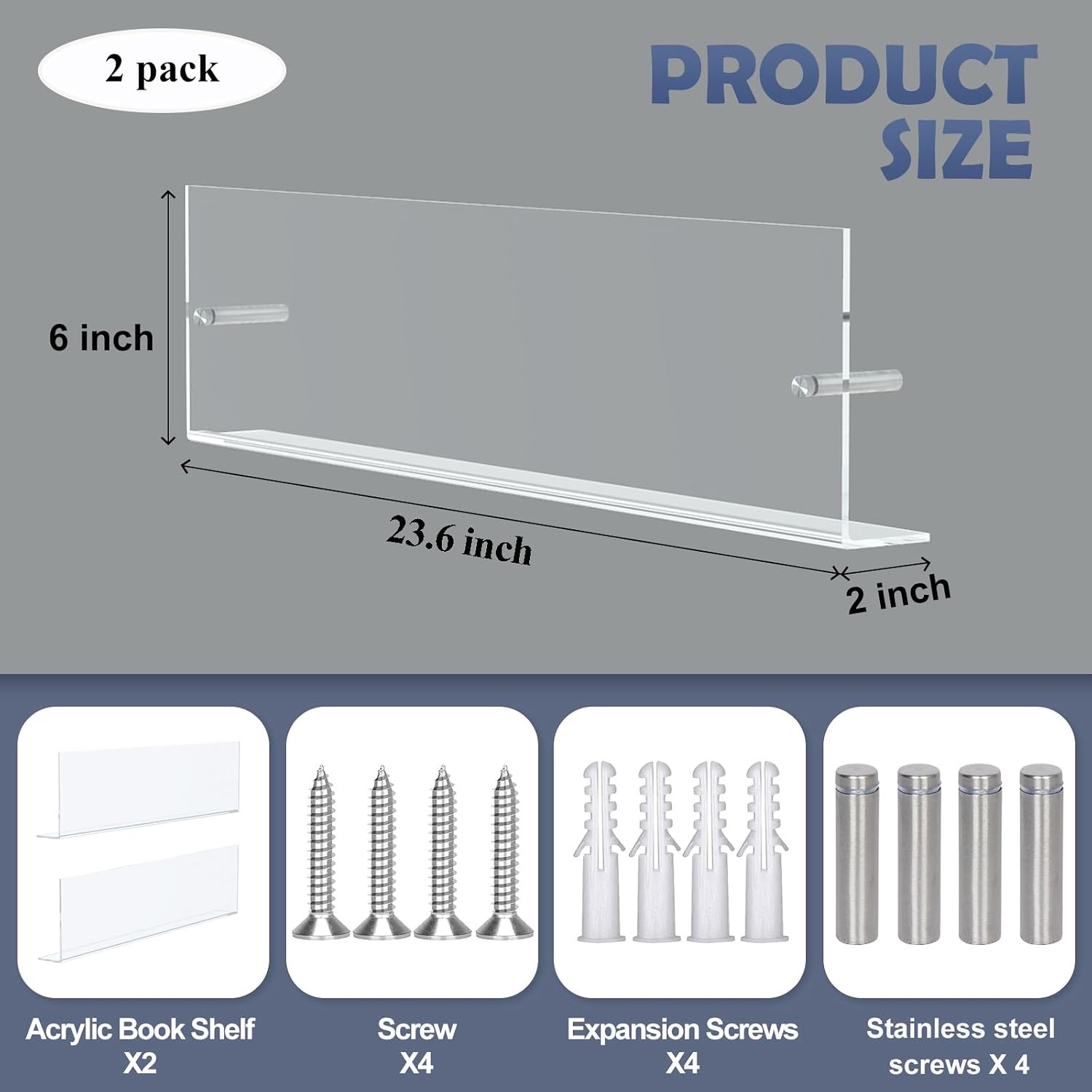 Acrylic Wall Mounted Magazine Rack 24 Inch Clear Floating Shelf