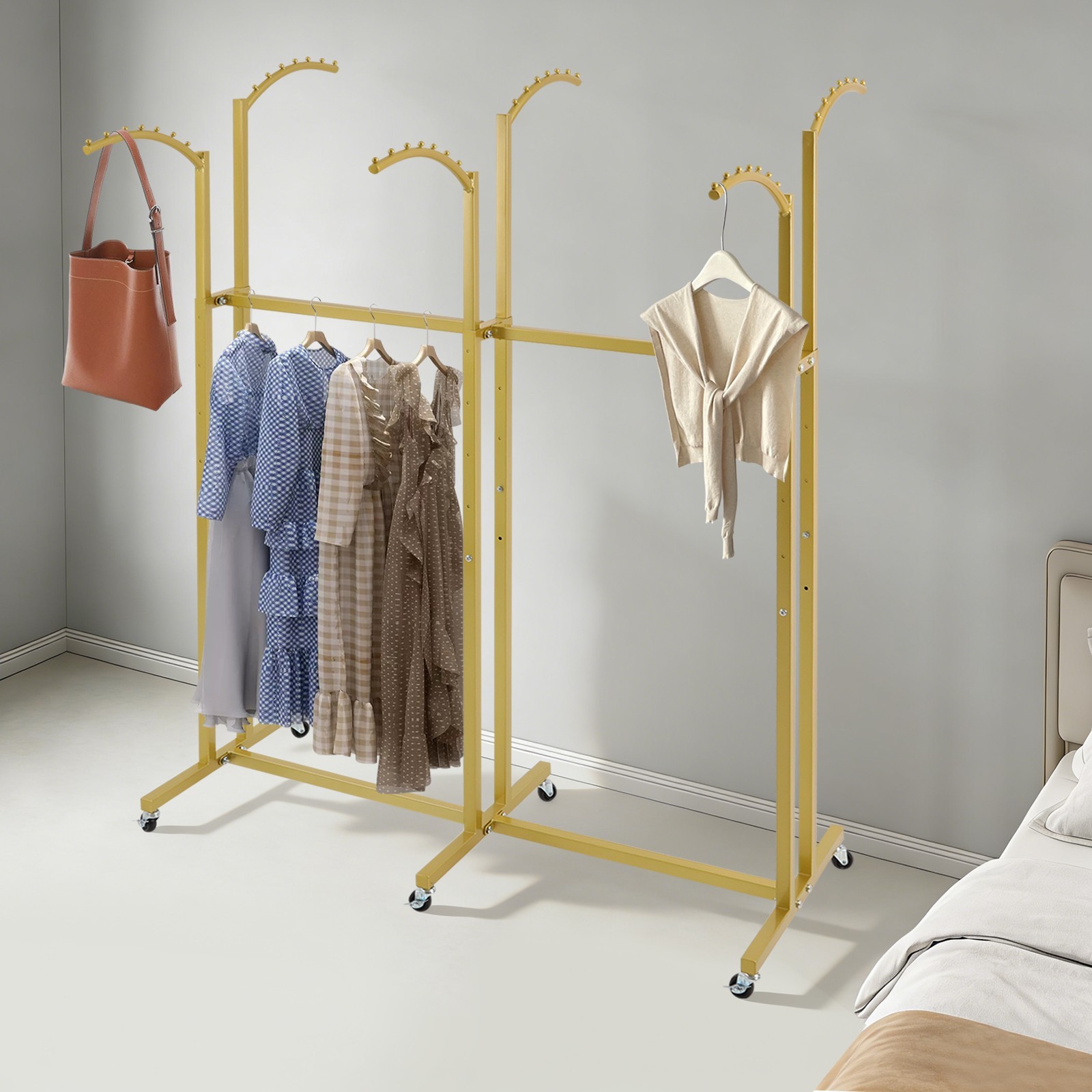 Gold 6 Arms Clothing Display Rack With Wheels, 55.12-70.87in Adjustable Height