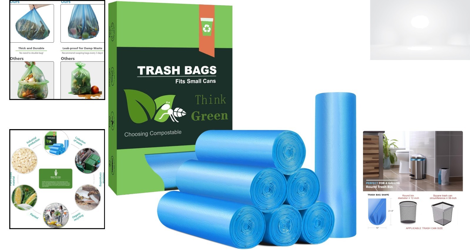 Small Trash Bags 4 Gallon Compostable Biodegradable Leak Proof Blue 100 Count