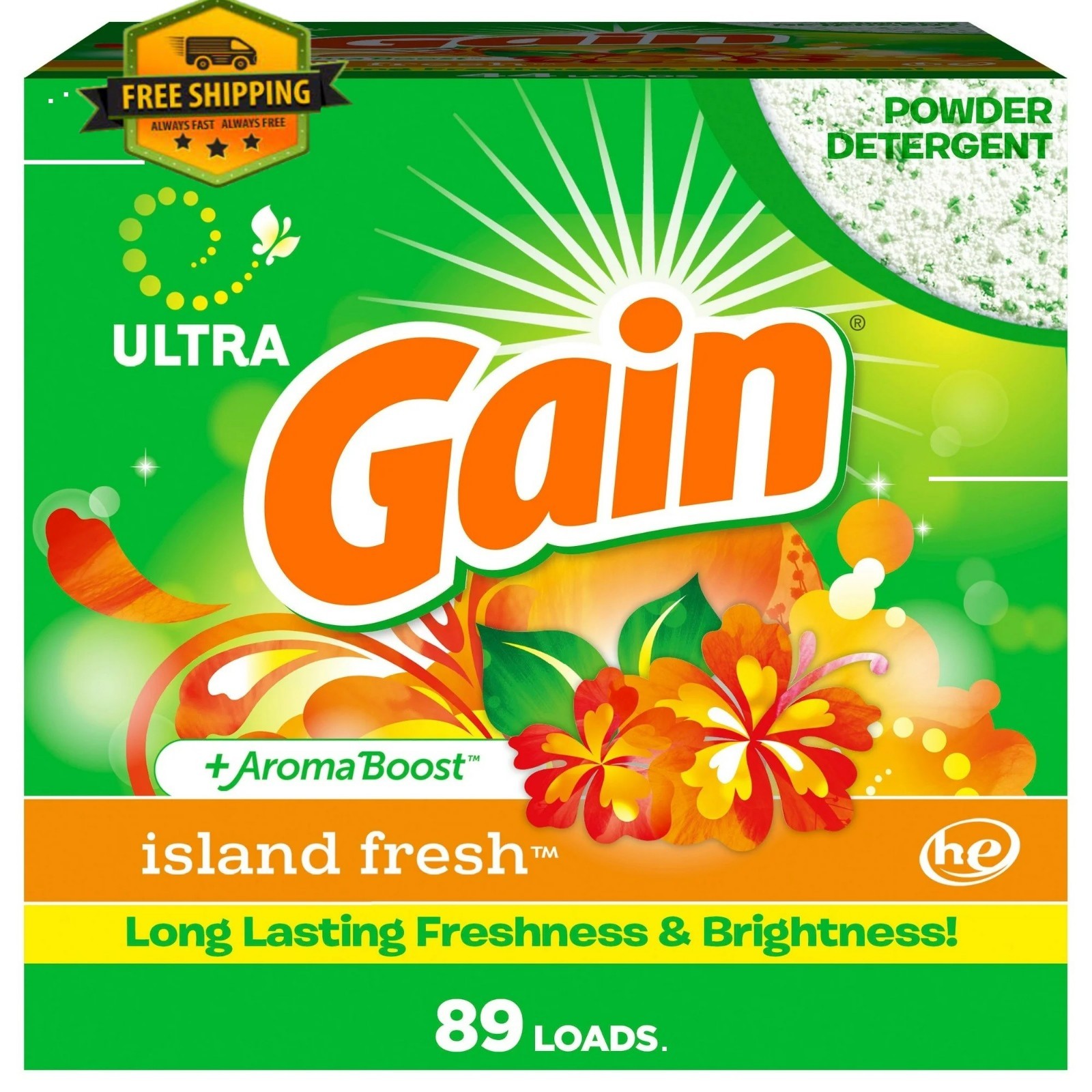 Gain Powder Laundry Detergent, Island Fresh Scent, 82 oz, 89 Wash Loads