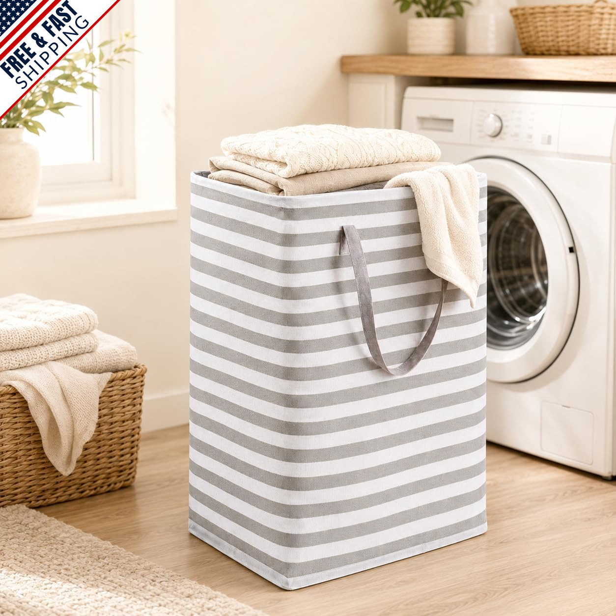 Large Waterproof Collapsible Laundry Baskets with Handles, 75L, Grey, 2 Pack