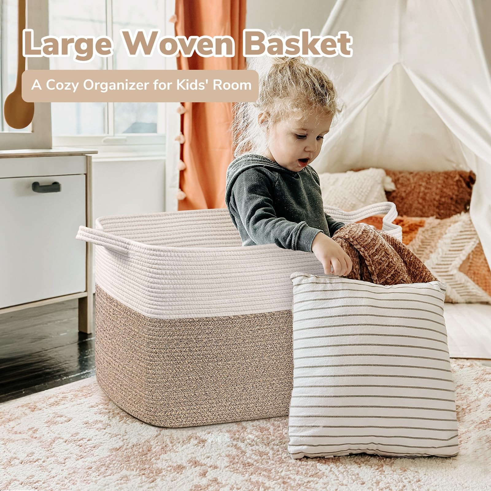 Extra Large Woven Blanket Basket, 23.6″ x 15.7″ x 13.8″ Storage Organizer for…