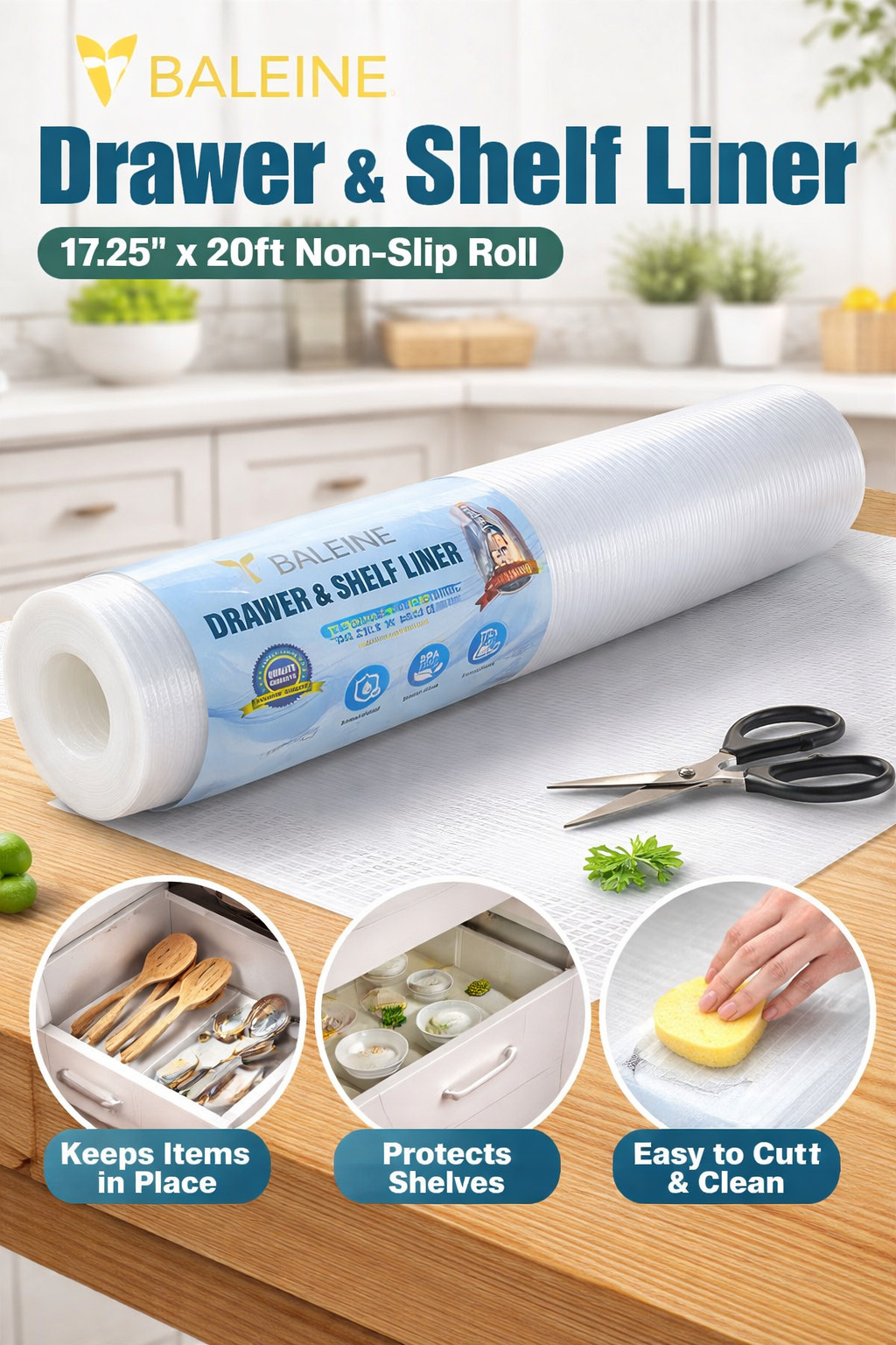 BALEINE Drawer & Shelf Liner 17.25″ x 20ft Non-Slip Cabinet Liner Roll