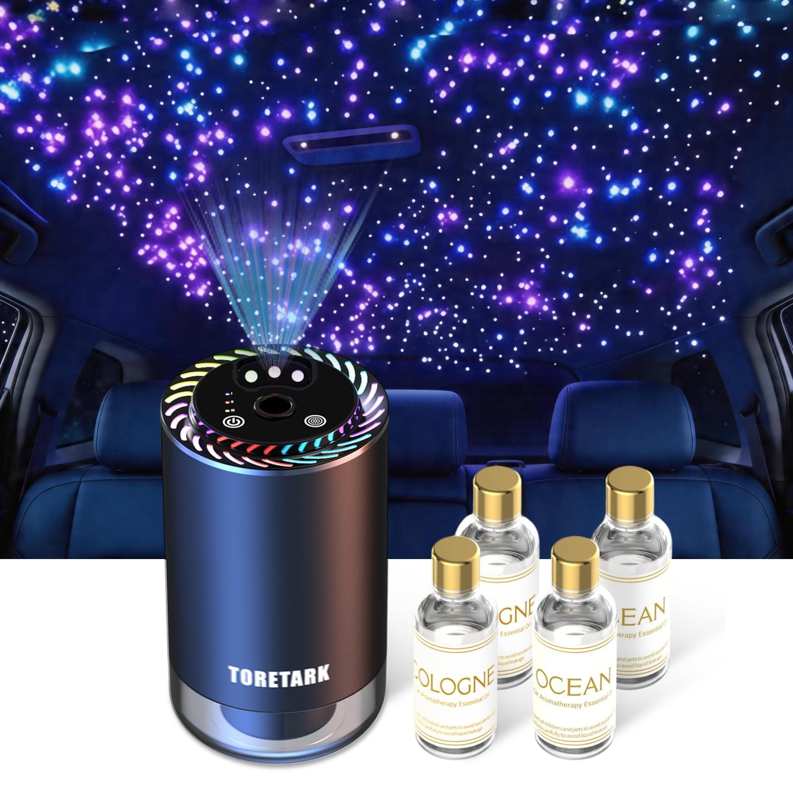 Car Air Freshener with Star Light, 200ml Diffuser, Auto On/Off, 3 Mist Modes