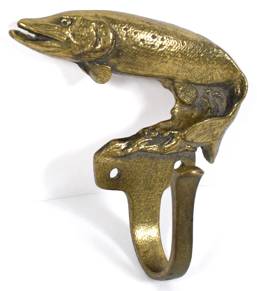 Vtg Pike Fish Solid Brass Wall Mount Coat Hat Hook Hanger Man Cave