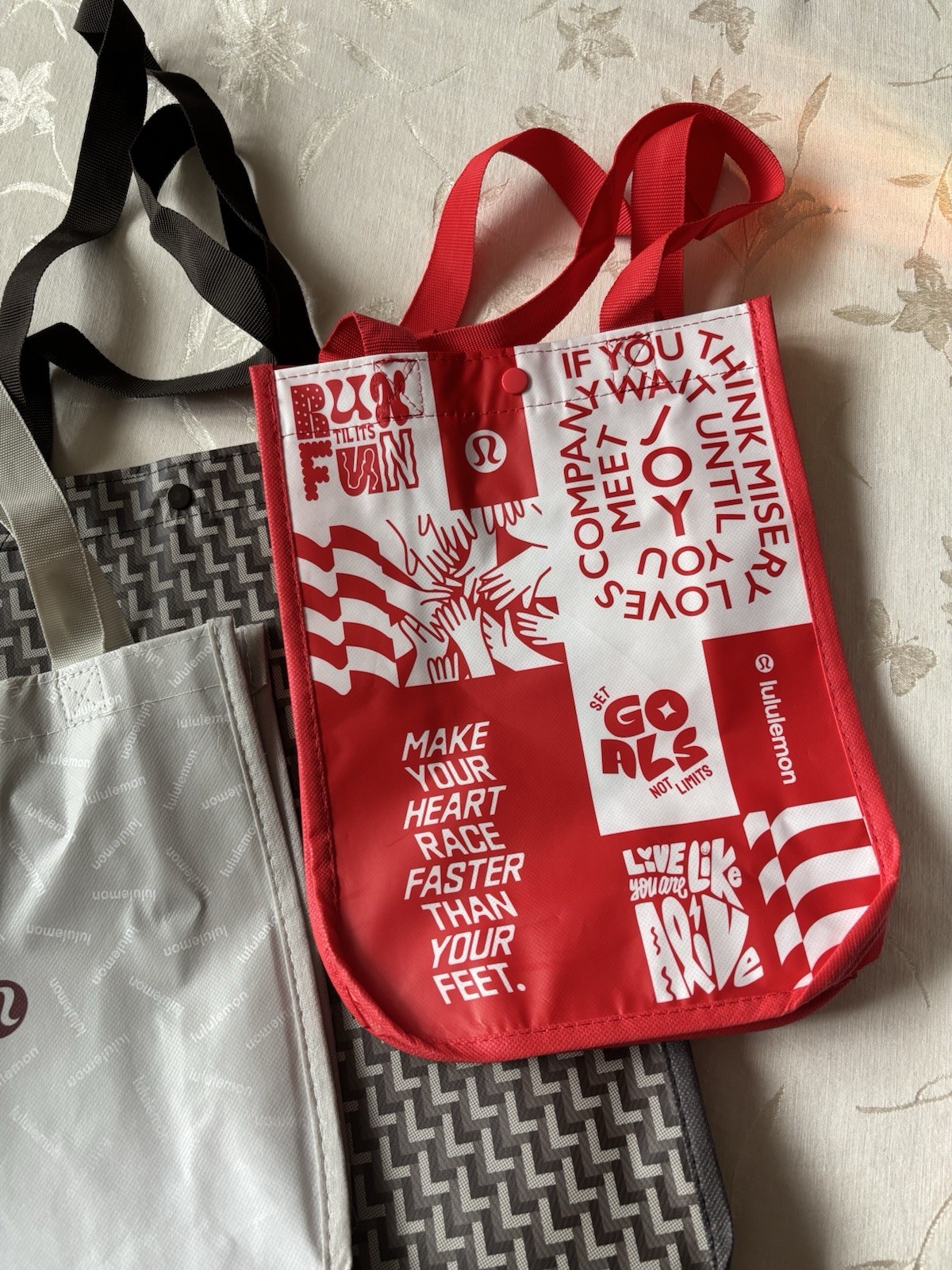 Lululemon Reusable Shopping Tote Bags Large Logo Small Red Grey Lot of Three