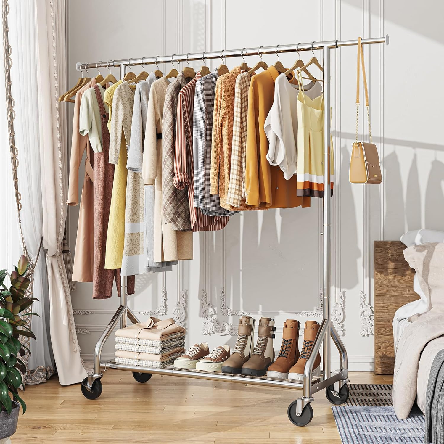 Sturdy 450 LBS Heavy Duty Clothes Rack with Wheels & Shelves for Any Room