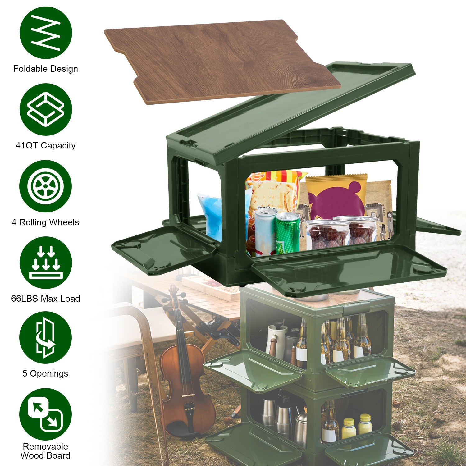 Stackable Storage Bin Collapsible Camping Bin Organizer White/Green Shelf Box US