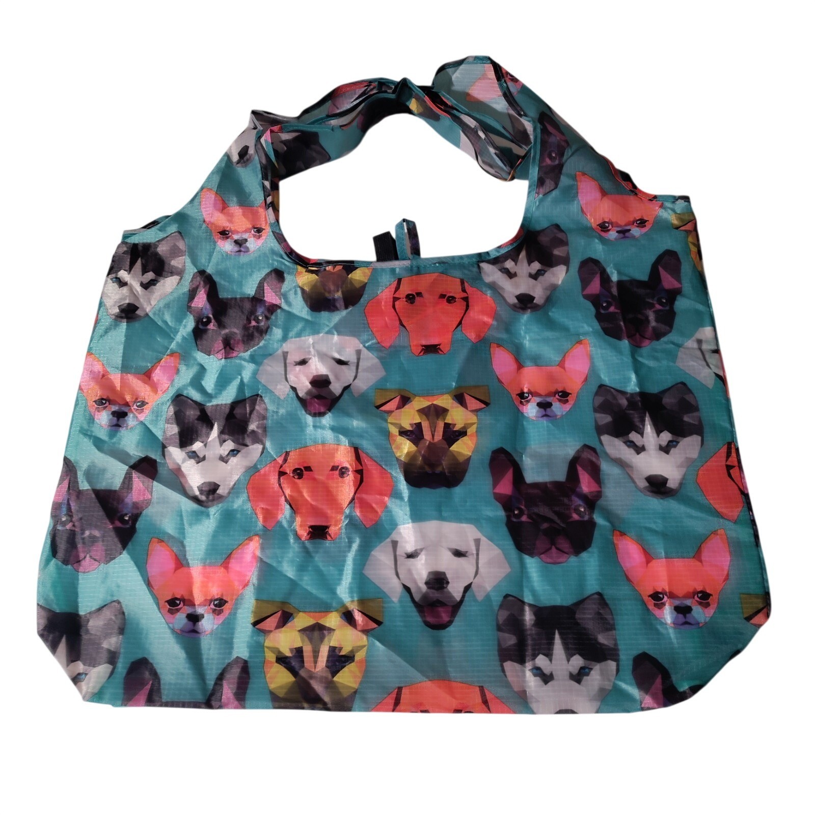 BeeGreen Reusable Nylon Shopping Teal/ Blue Tote Bag with Dog Faces All Over