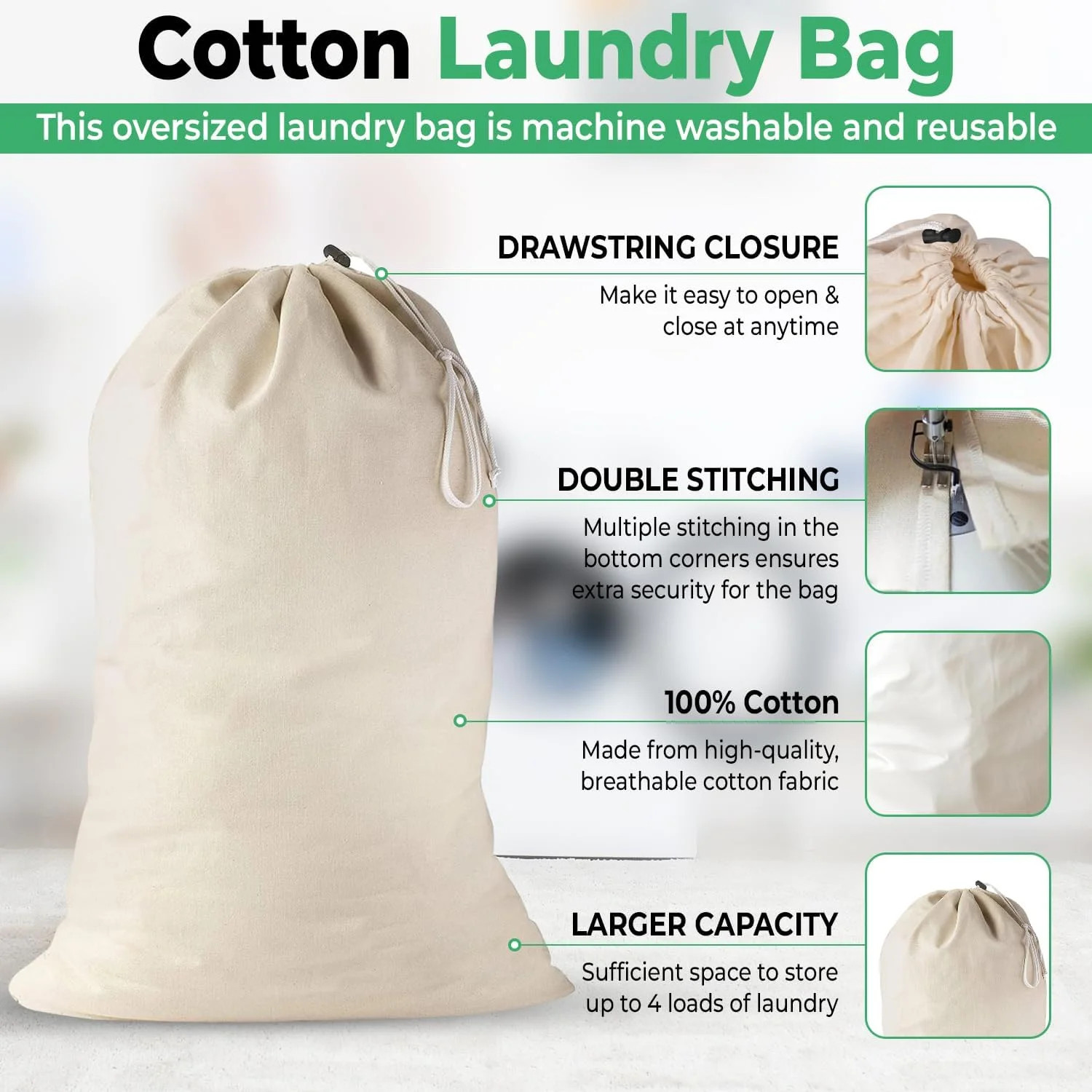 2 Pack – Extra Large Cotton Laundry Bag, Heavy Duty Large Laundry Bags 24 X 36 I
