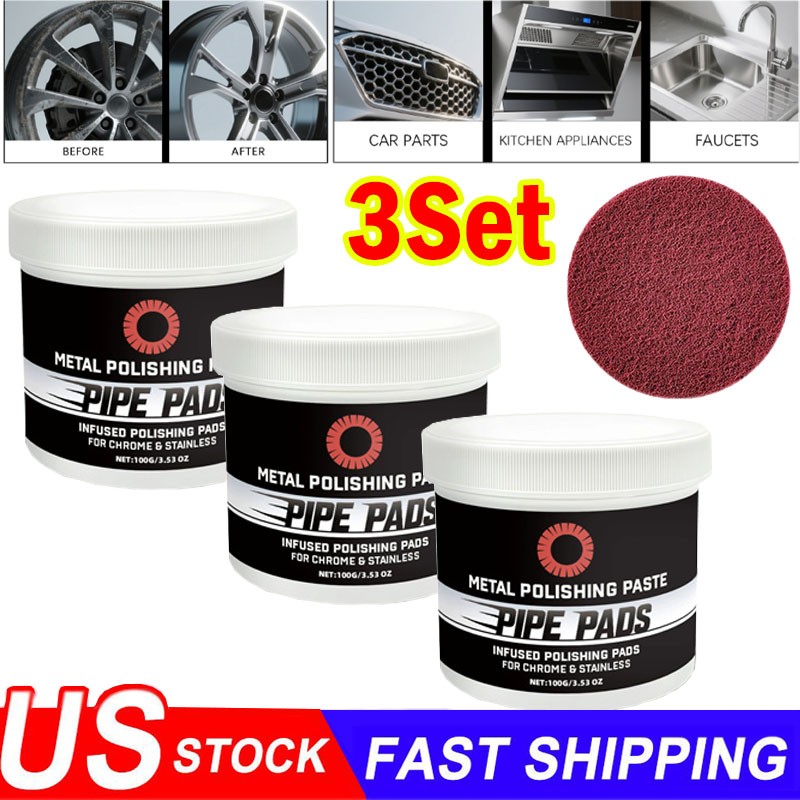 3x Metal Polish Paste Protectant Scratch Remover Pipe Infused Polishing Pads ~US