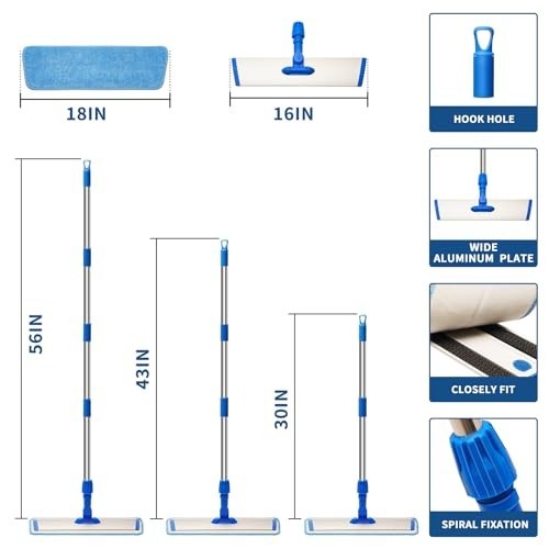 18″ Microfiber Flat Mop with Stainless Steel Handle, 360° Spin, 2 Washable Pads