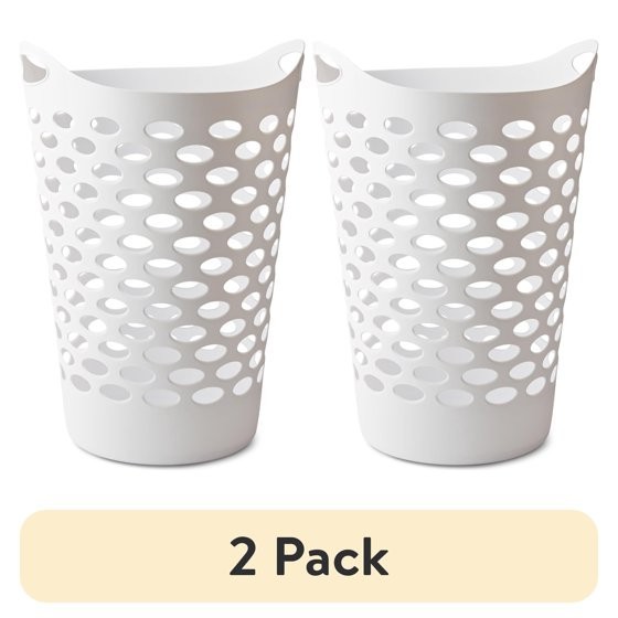 (2 pack) Mainstays Plastic Round Laundry Hamper, White, with Carrying Handles