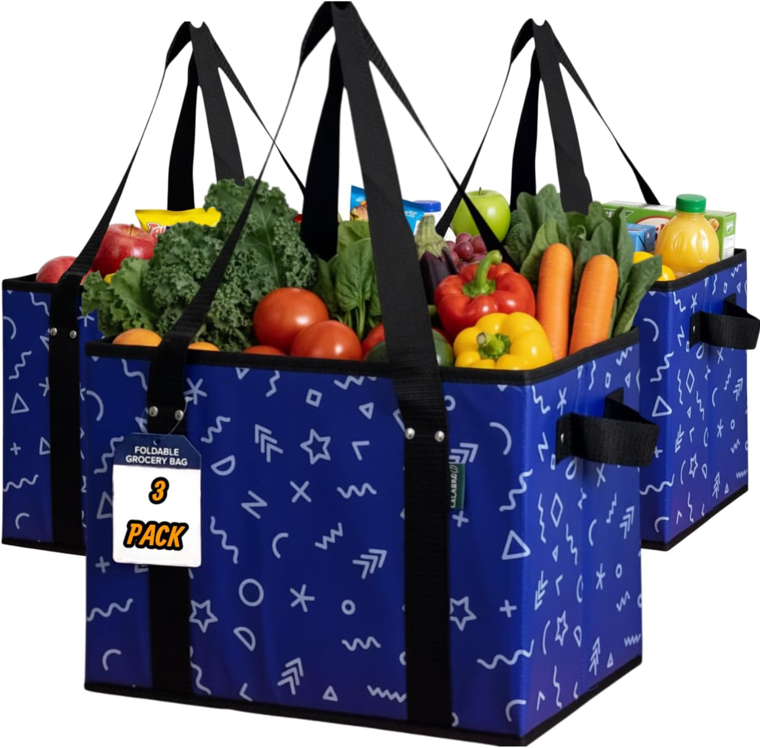 Reusable Grocery Bags (3 Pack) – Heavy Duty Foldable Tote Bags with Long Handles