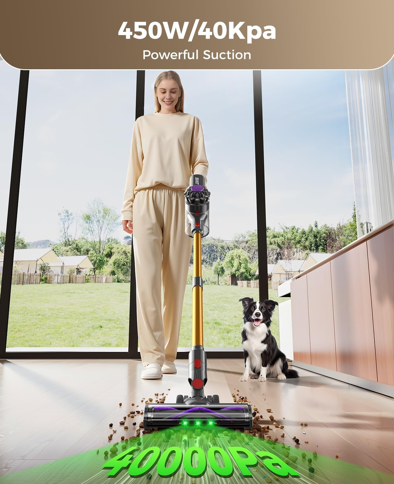 Cordless Vacuum Cleaner, 450W 40KPA Vacuum Cleaners for Home, 45Mins Lightweight
