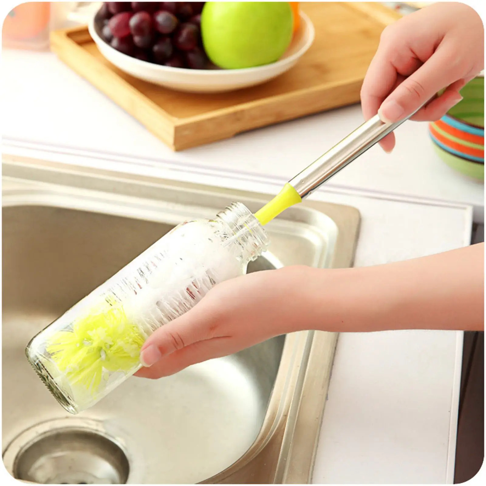 Curved round Head Stainless Steel Handle Bottle Cleaning Brush 360 Degree Cleani