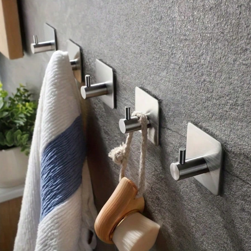 4 pcs Adhesive Bathroom Wall Hooks, Waterproof Stainless Steel Clothes Hangers