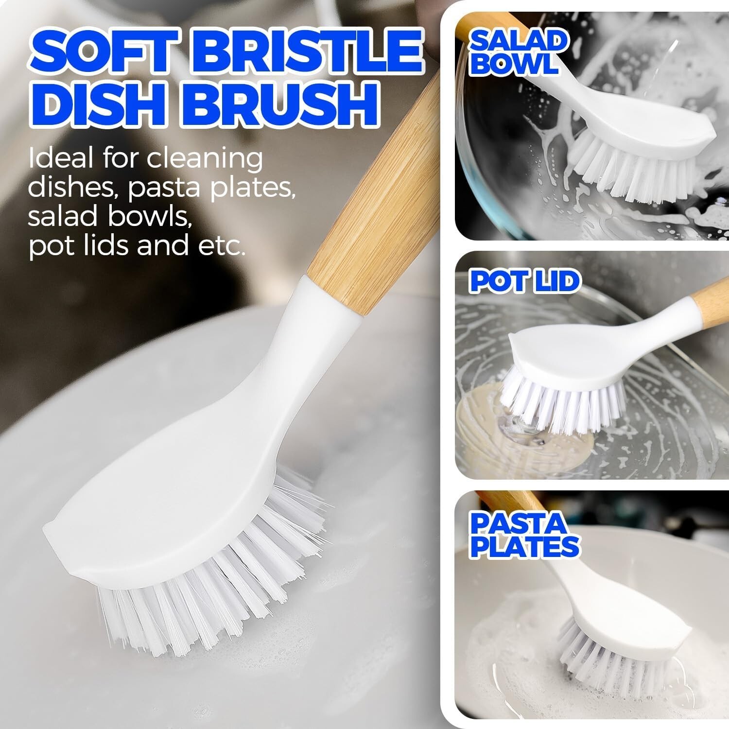 1/3 Pack Dish Brush Set with Bamboo Handle Kitchen Scrub Brush for Cleaning Dish