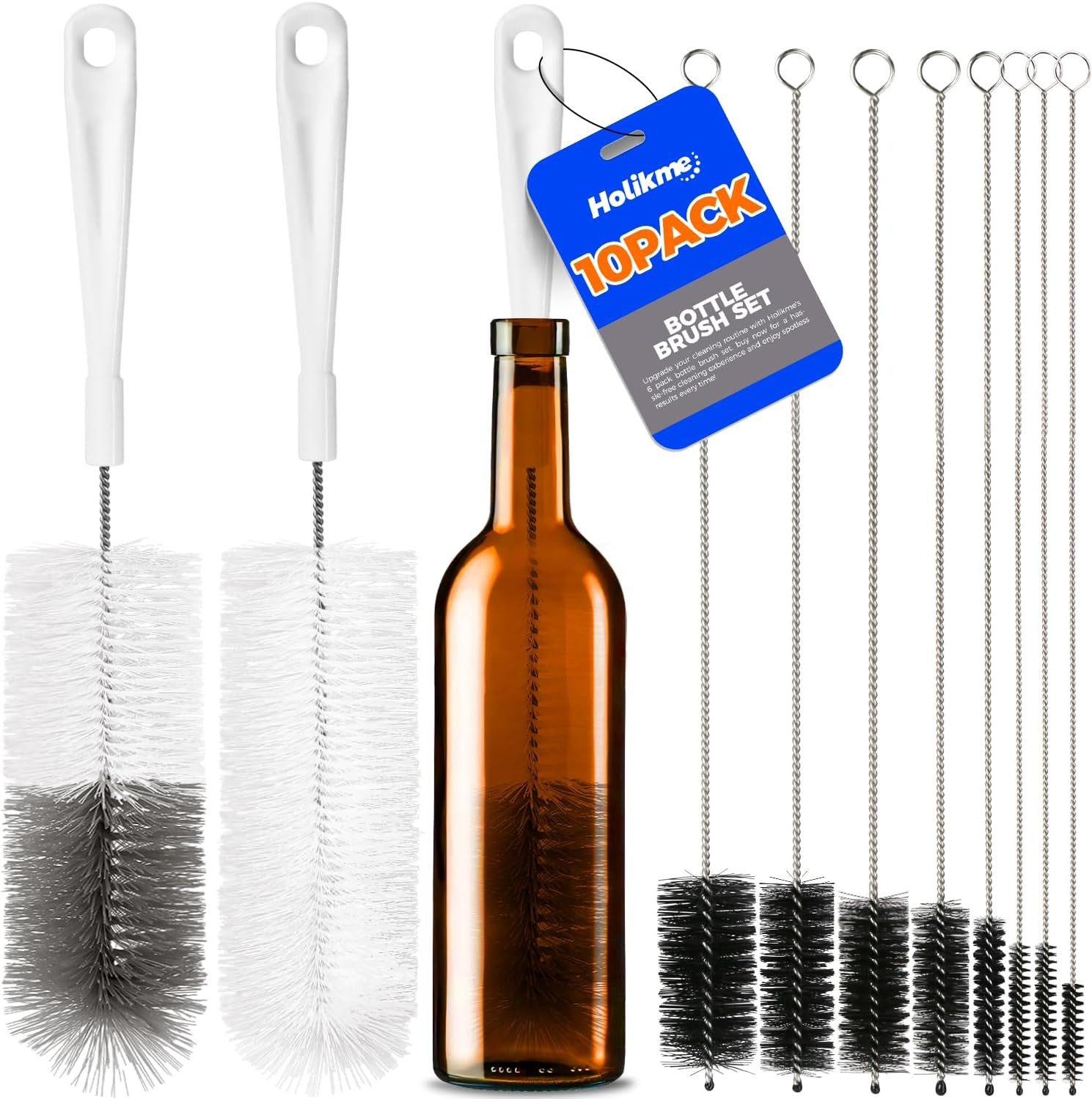 10 Pack Bottle Brush Set 15″ Long Handle Cleaner Brush,White | 15″ Long Handle B