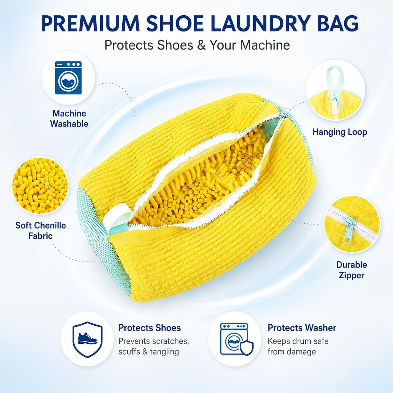 Reusable Shoe Washing Machine Laundry Bag Mesh Cleaner Zipper Wash Bag Yellow