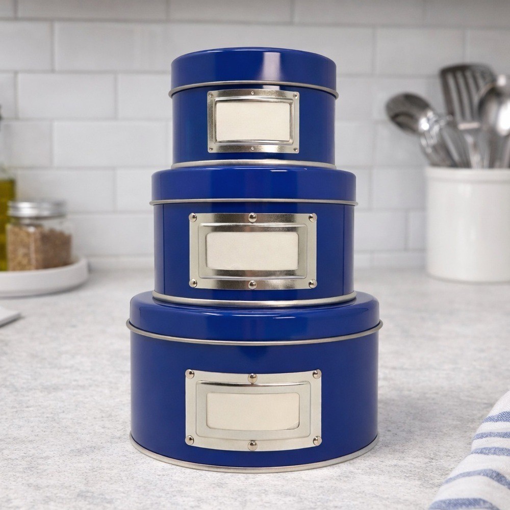 Blue Nesting Storage Tins Set of 3 Minimalist Home Organization Decor