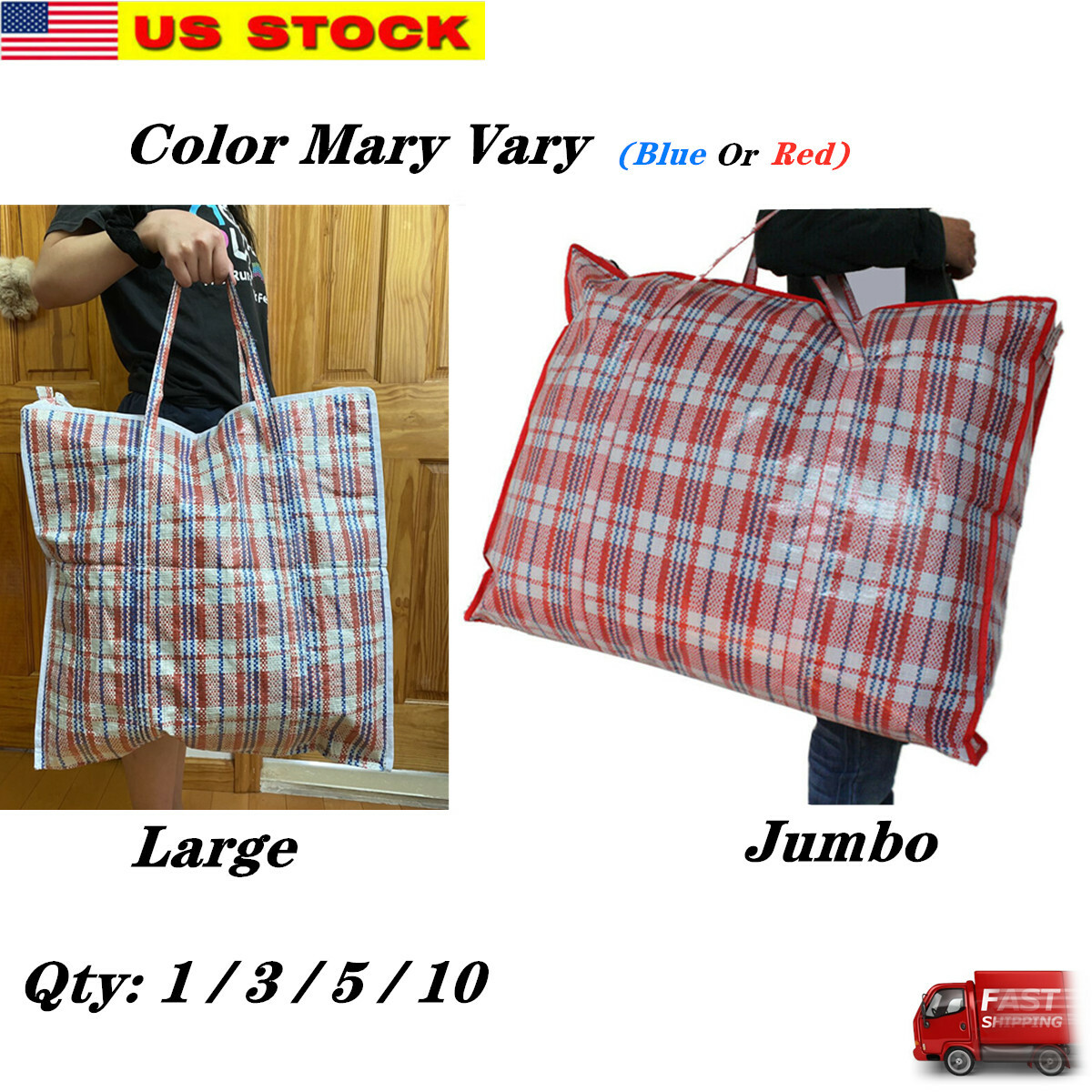 Reusable Large Jumbo plastic Shopping Laundry Moving Storage Luggage Bag Zip