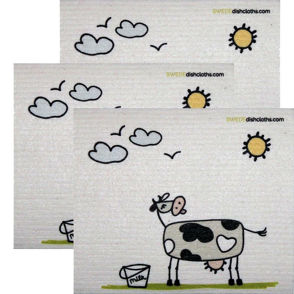 Swedish Dishcloth Set of 3 each Swedish Dishcloths Fun Cow in Sun Design