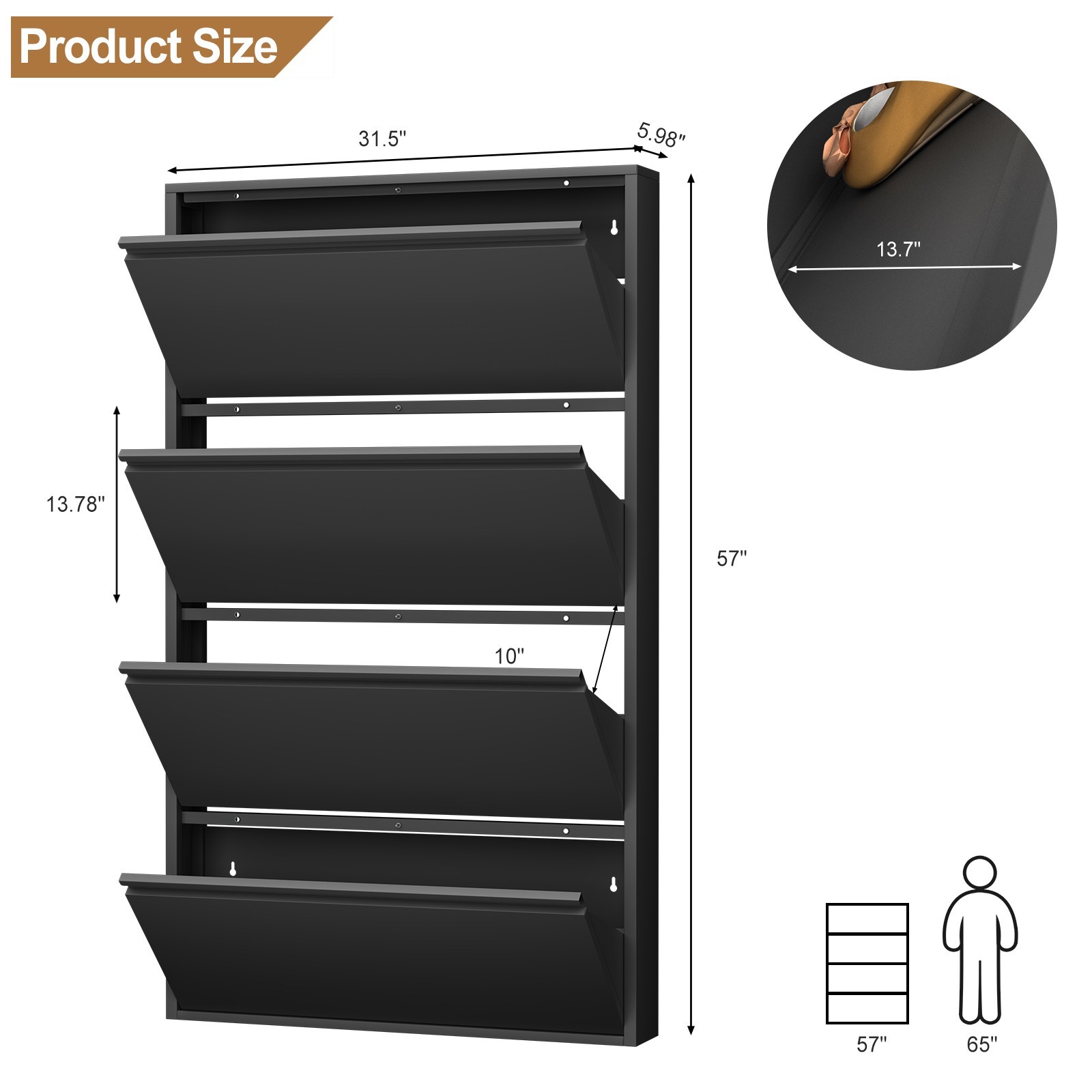Metal Shoe Cabinet with 4 Flip Drawers, Wall Mount Shoe Organizer for Entryway