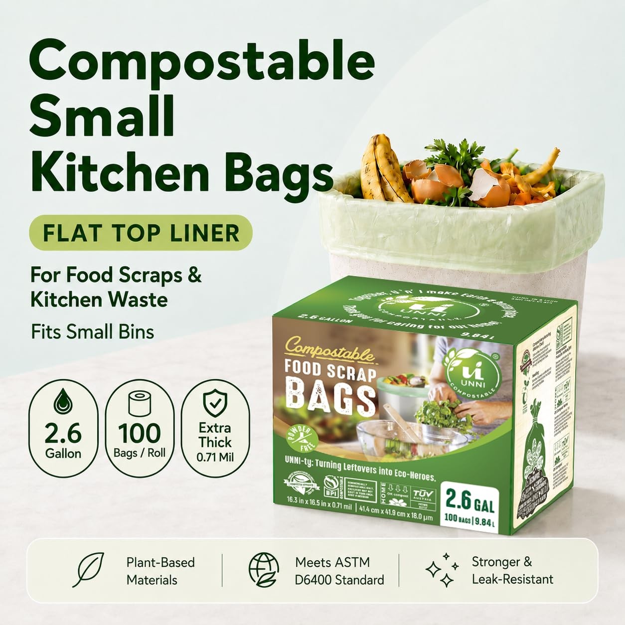 Compostable Trash Bags, 2.6 Gallon / 9.84 Liter, 100 Count, Extra Thick 0.71 …