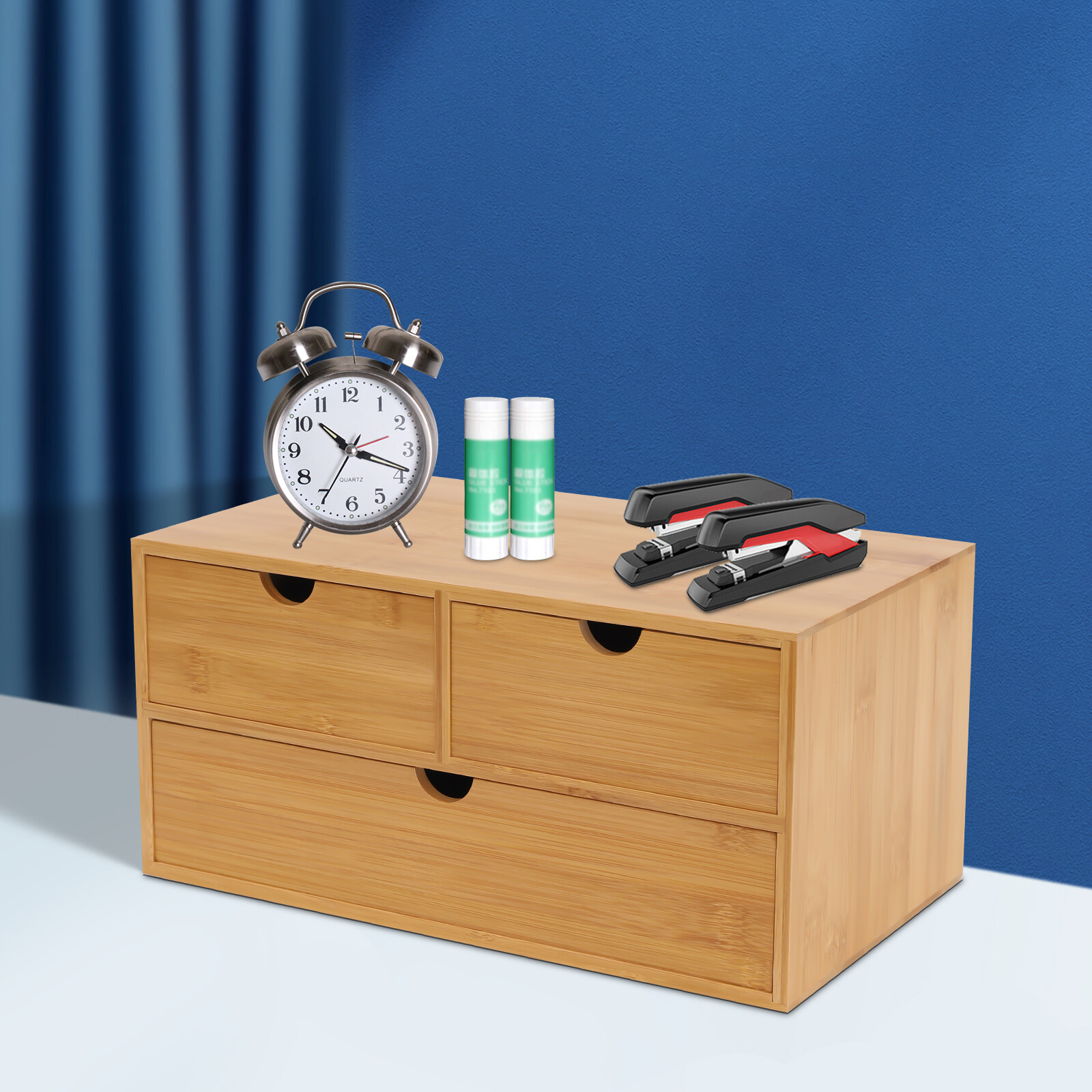 Natural Bamboo Desk Top Organizer Small W/ 3 Drawer Shelf No Assembly Required